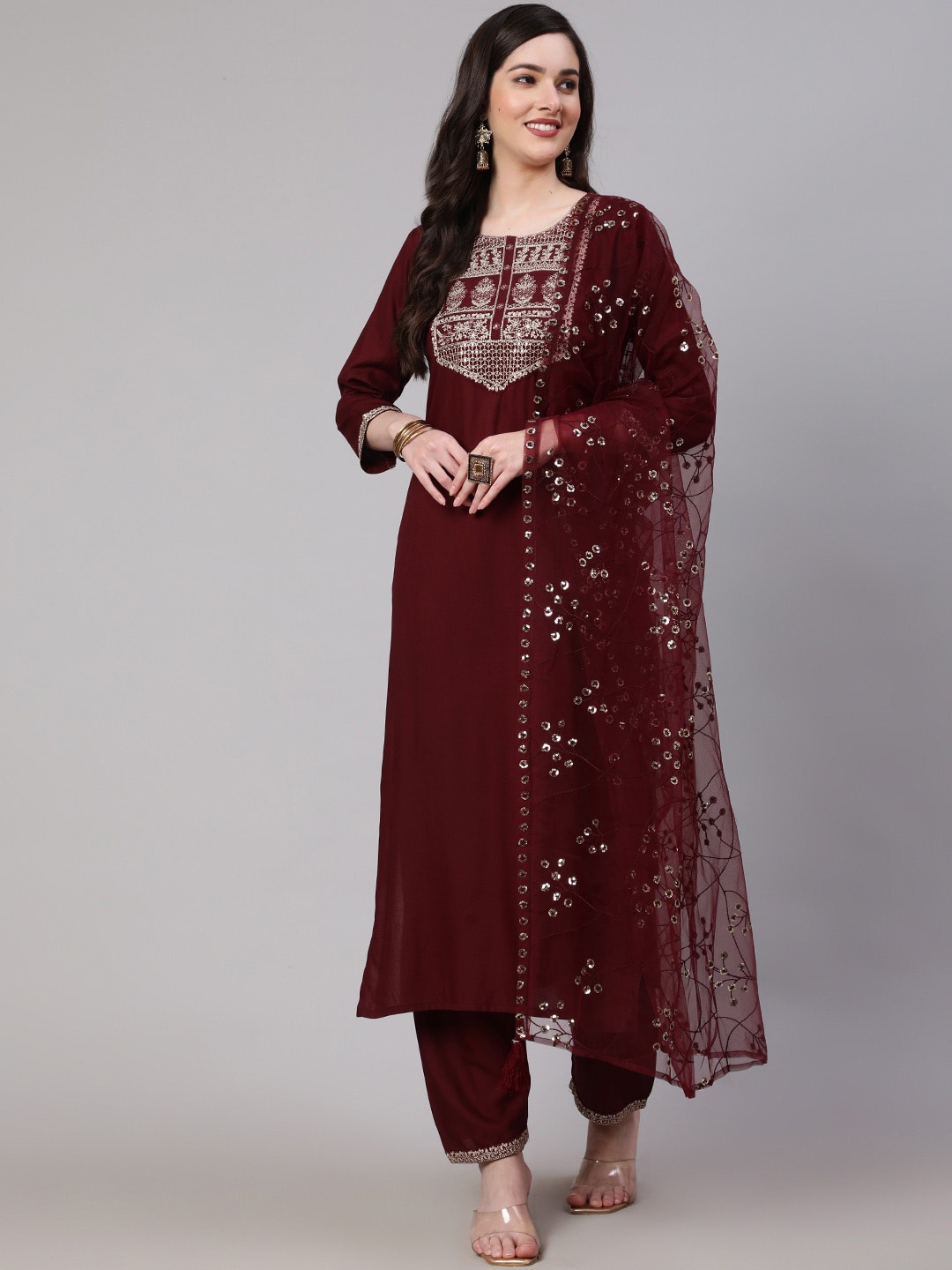 Nayo Ethnic Motifs Embroidered Thread Work Straight Kurta With Palazzos & Dupatta, Burgundy
Nayo Ethnic Motifs Embroidered Thread Work Straight Kurta With Palazzos & Dupatta, Burgundy