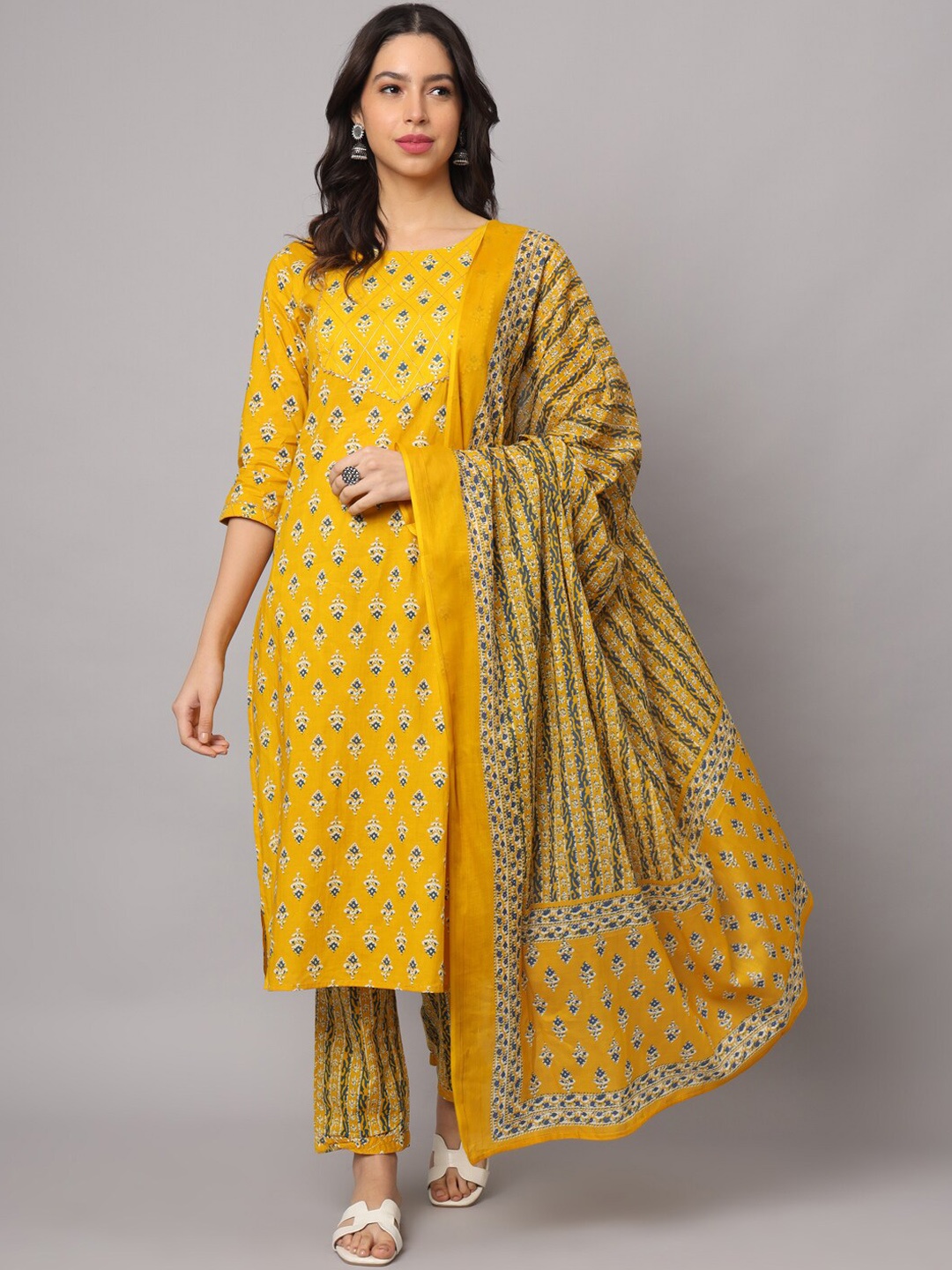 KALINI Ethnic Motifs Printed Pure Cotton Straight Kurta & Trousers With Dupatta, Yellow
KALINI Ethnic Motifs Printed Pure Cotton Straight Kurta & Trousers With Dupatta, Yellow