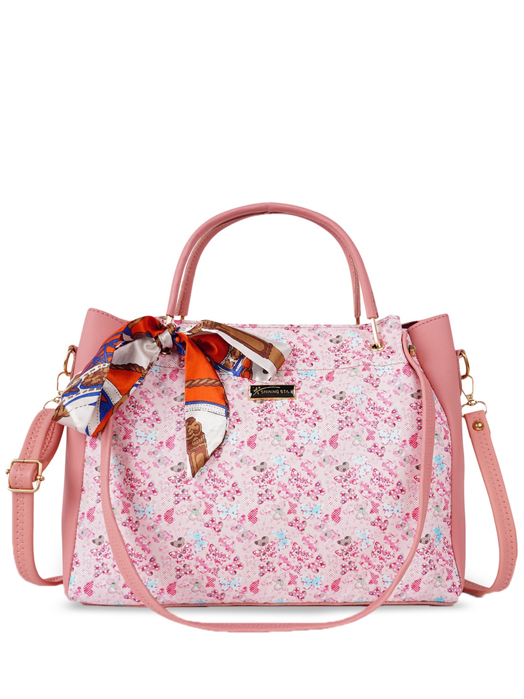 SHINING STAR Floral Printed Oversized Structured Handheld Bag, Peach