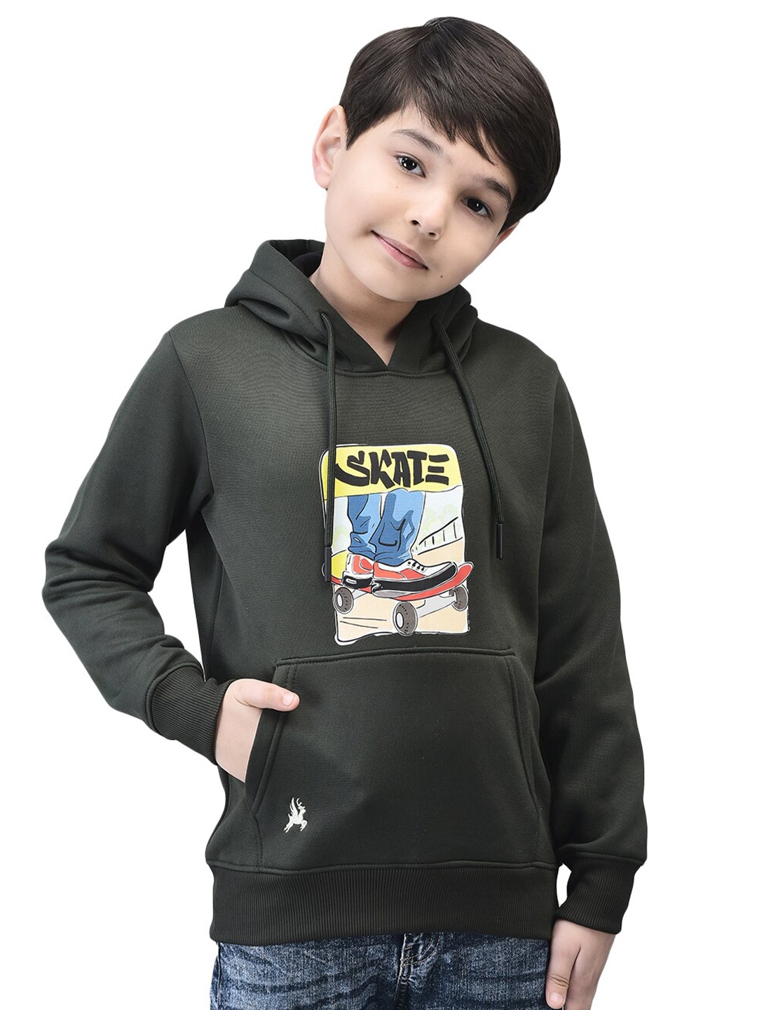 Trenz Boys Graphic Printed Hooded Sweatshirt, Green