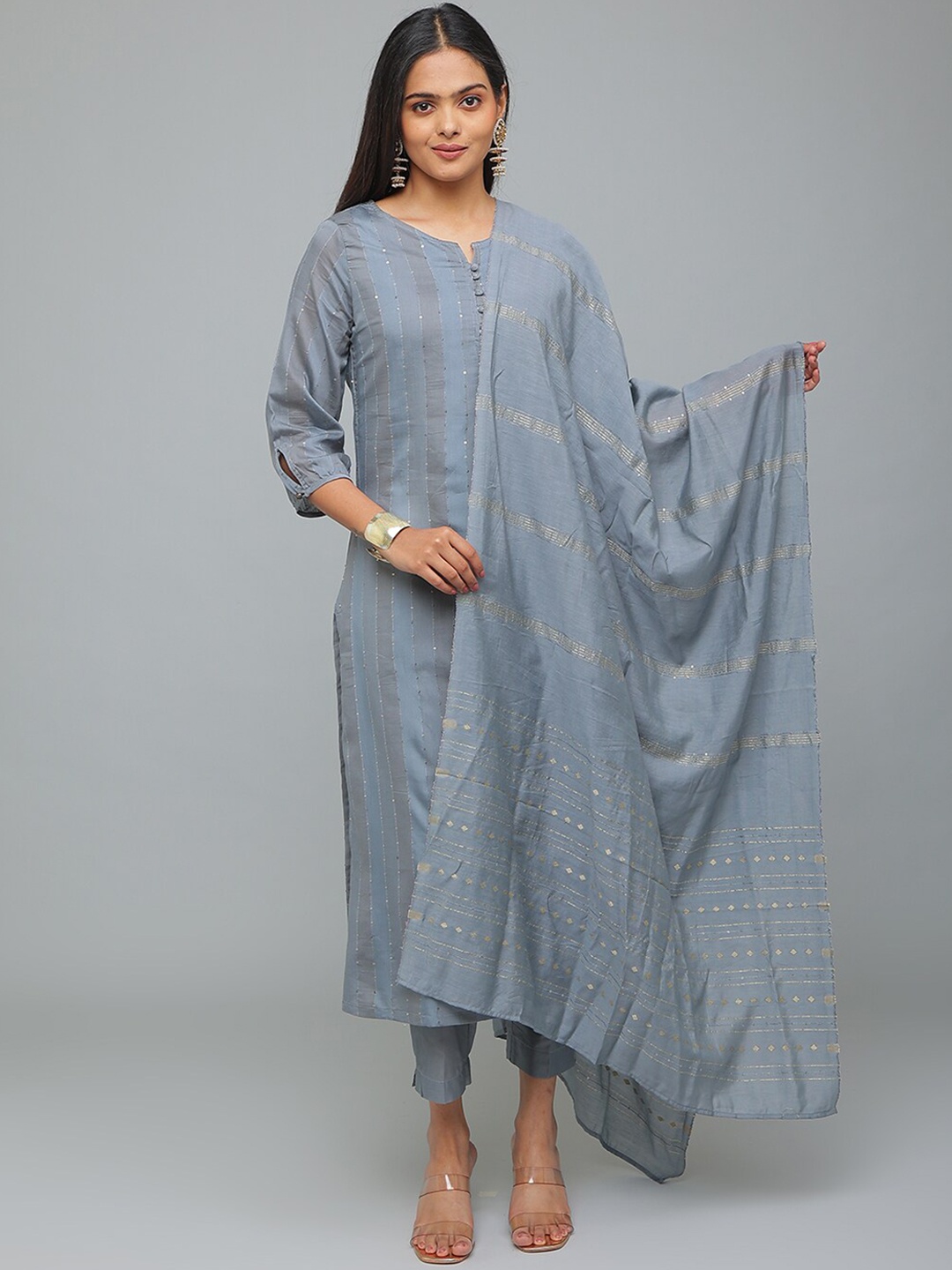 Alena Striped Sequinned Detailed Chanderi Silk Straight Kurta & Trouser With Dupatta, Grey
Alena Striped Sequinned Detailed Chanderi Silk Straight Kurta & Trouser With Dupatta, Grey