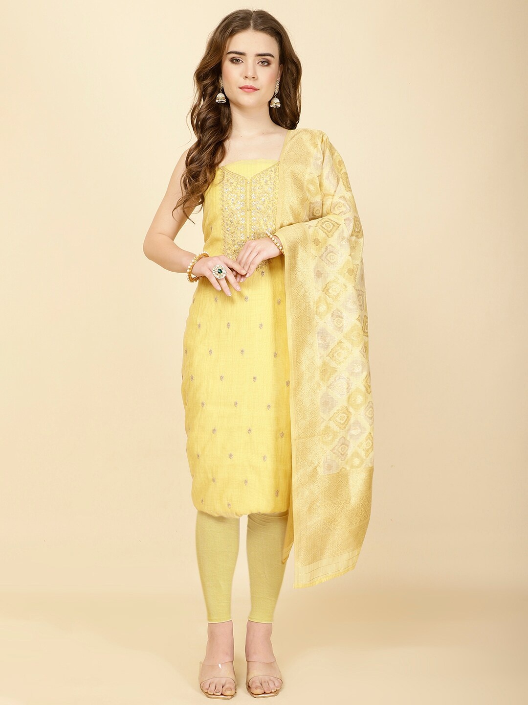 Meena Bazaar Ethnic Motifs Woven Design Sequinned Unstitched Dress Material, Mustard
Meena Bazaar Ethnic Motifs Woven Design Sequinned Unstitched Dress Material, Mustard