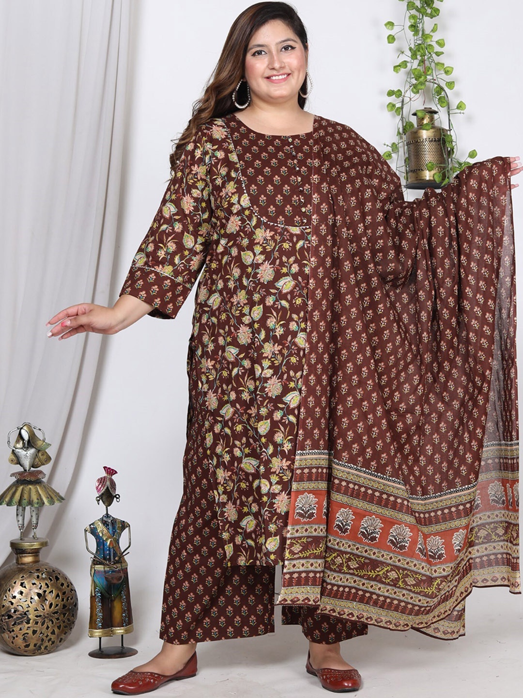 KALINI Plus Size Floral Printed Sequinned Pure Cotton Kurta With Trousers & Dupatta, Brown
KALINI Plus Size Floral Printed Sequinned Pure Cotton Kurta With Trousers & Dupatta, Brown