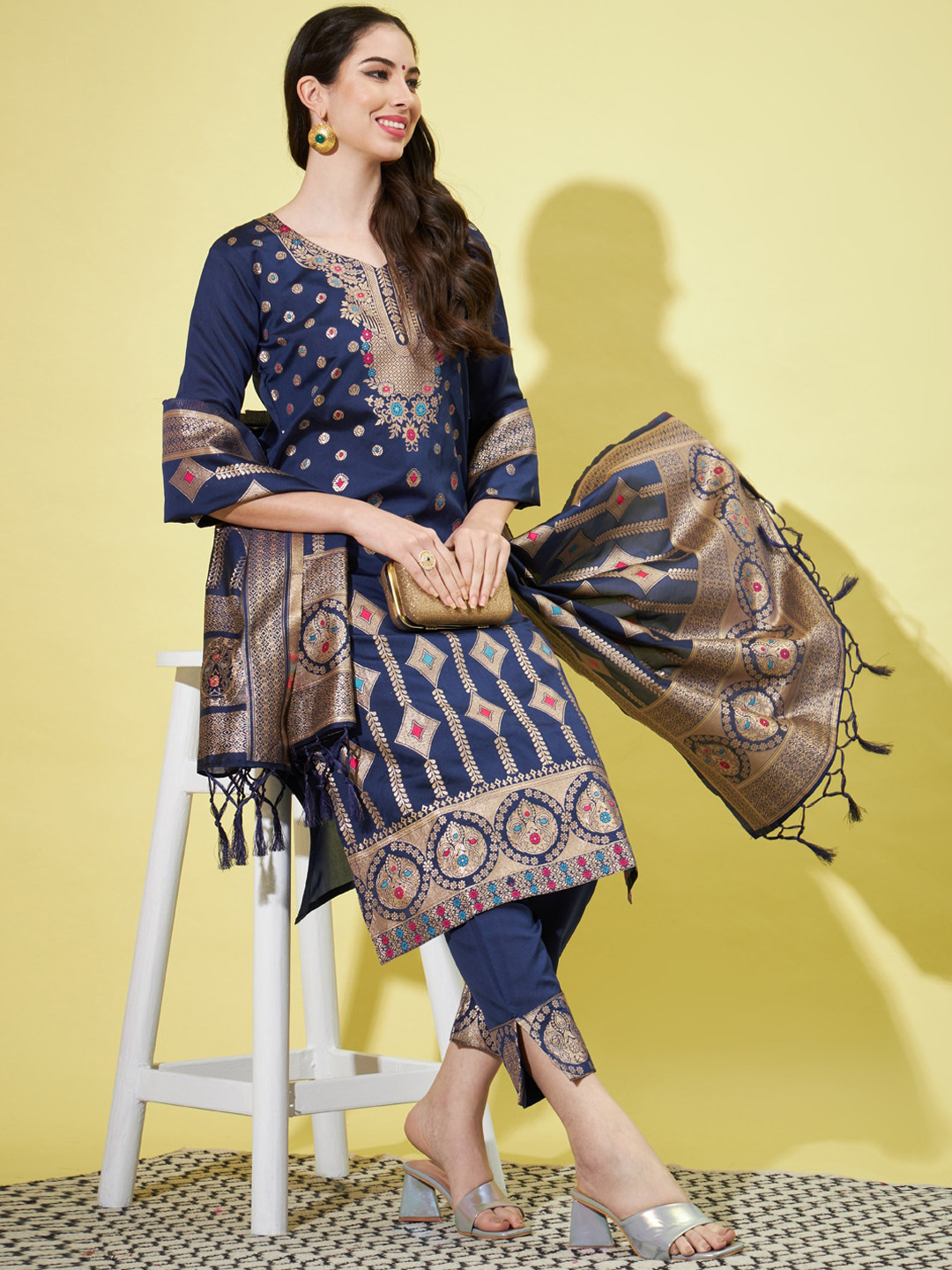 VredeVogel Floral Woven Design Zari Cotton Silk Jacquard Kurta with Trousers & Dupatta, Navy blue
VredeVogel Floral Woven Design Zari Cotton Silk Jacquard Kurta with Trousers & Dupatta, Navy blue