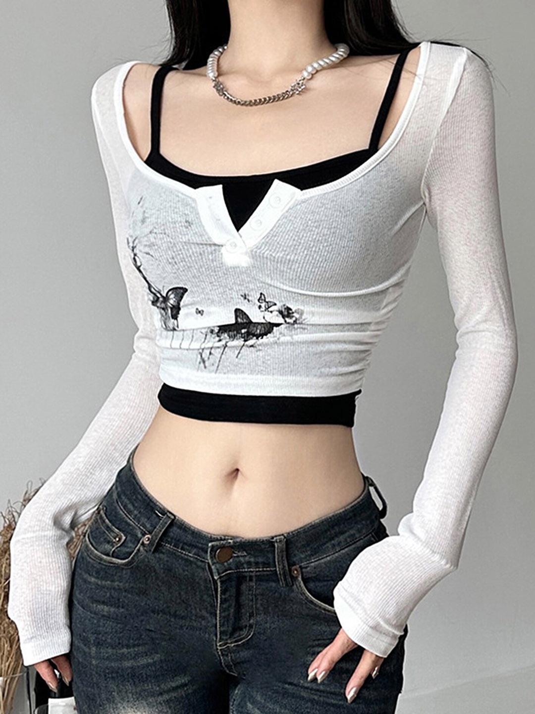 LULU & SKY Conversational Printed Round Neck Long Sleeves Fitted Crop Top With Camisole, White
LULU & SKY Conversational Printed Round Neck Long Sleeves Fitted Crop Top With Camisole, White