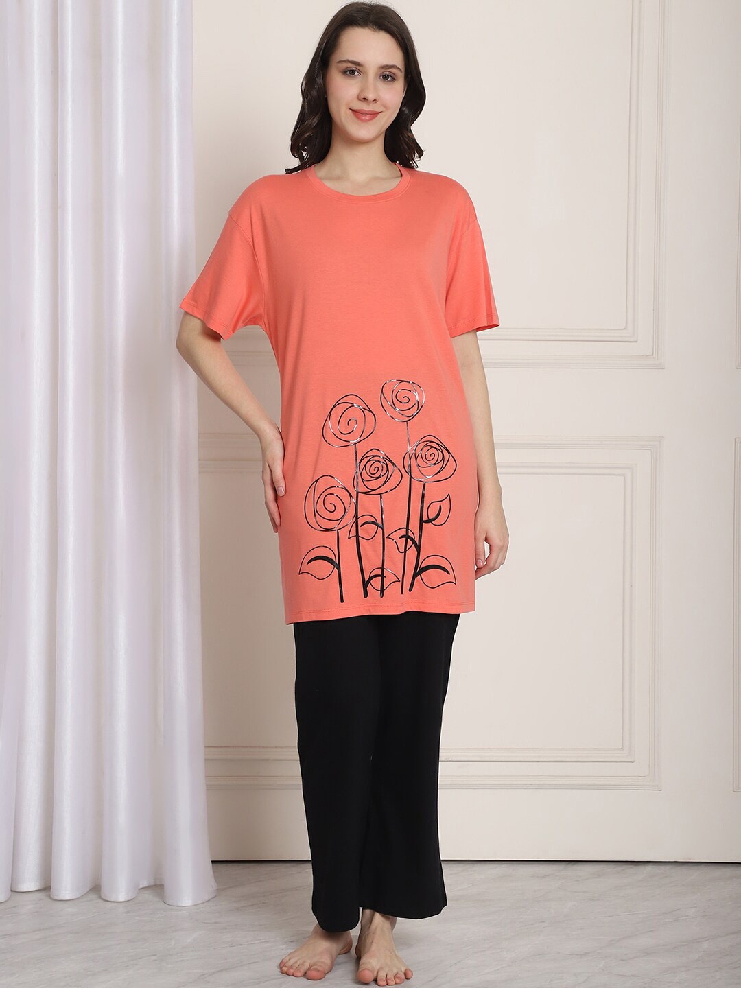 Kanvin Floral Printed Round Neck Short Sleeves Longline T-shirt With Pyjamas, Orange
Kanvin Floral Printed Round Neck Short Sleeves Longline T-shirt With Pyjamas, Orange