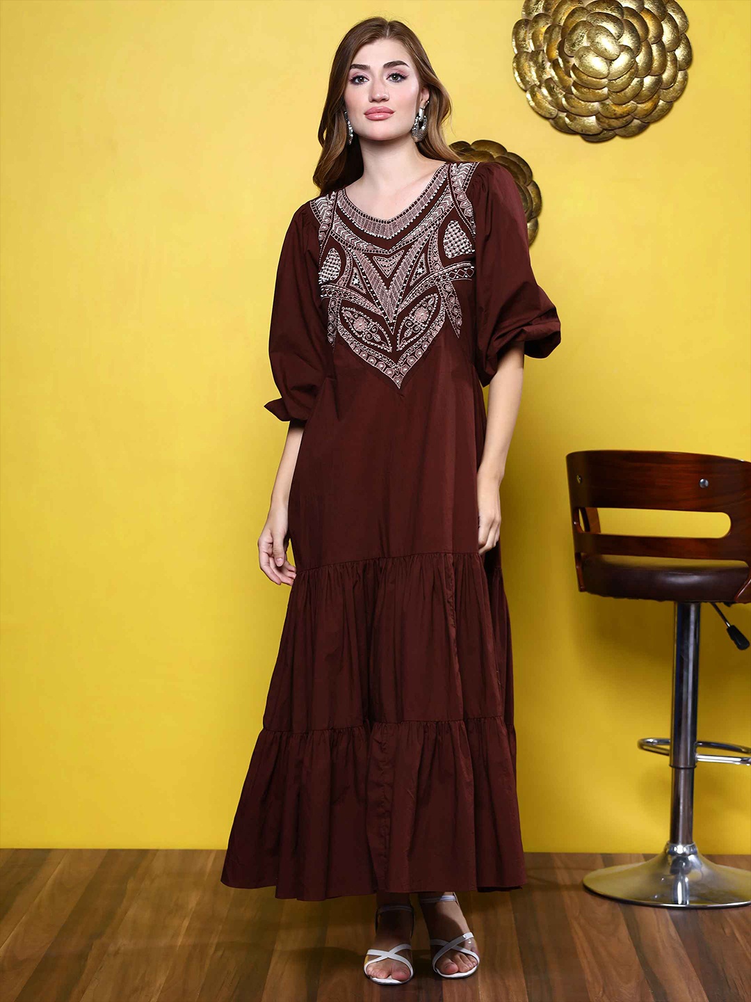 Amagyaa Floral Embroidered V-Neck Gathered Tiered Cotton A-Line Maxi Dress, Brown
Amagyaa Floral Embroidered V-Neck Gathered Tiered Cotton A-Line Maxi Dress, Brown