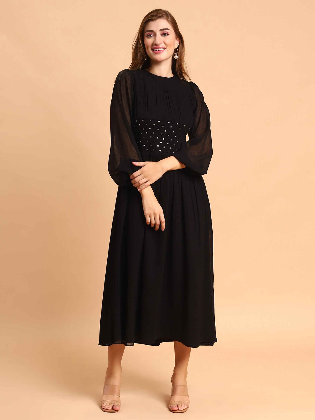 Amagyaa Round Neck Flared Sleeves Embellished Chiffon Fit & Flare Midi Dress, Black
Amagyaa Round Neck Flared Sleeves Embellished Chiffon Fit & Flare Midi Dress, Black