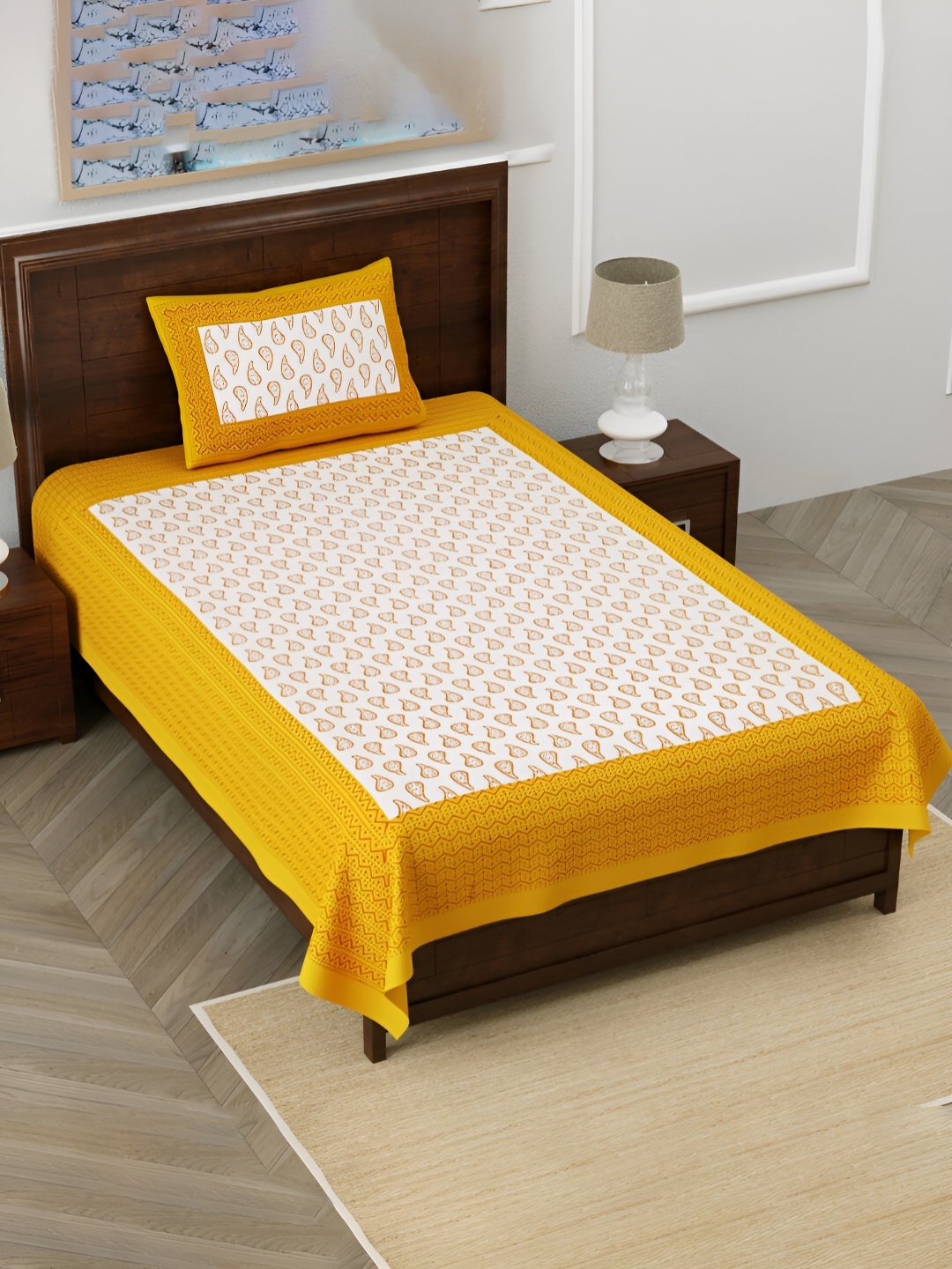 POORAK Yellow & White Ethnic Motifs Cotton 104 TC Single Bedsheet with 1 Pillow Cover
POORAK Yellow & White Ethnic Motifs Cotton 104 TC Single Bedsheet with 1 Pillow Cover