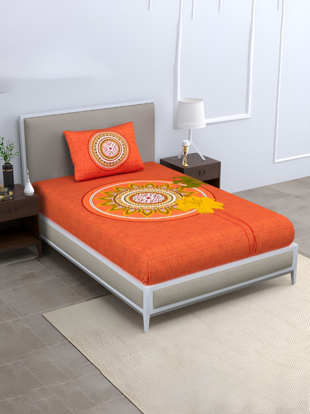 POORAK Orange & White Ethnic Motifs Cotton 104 TC Single Bedsheet with 1 Pillow Covers
POORAK Orange & White Ethnic Motifs Cotton 104 TC Single Bedsheet with 1 Pillow Covers