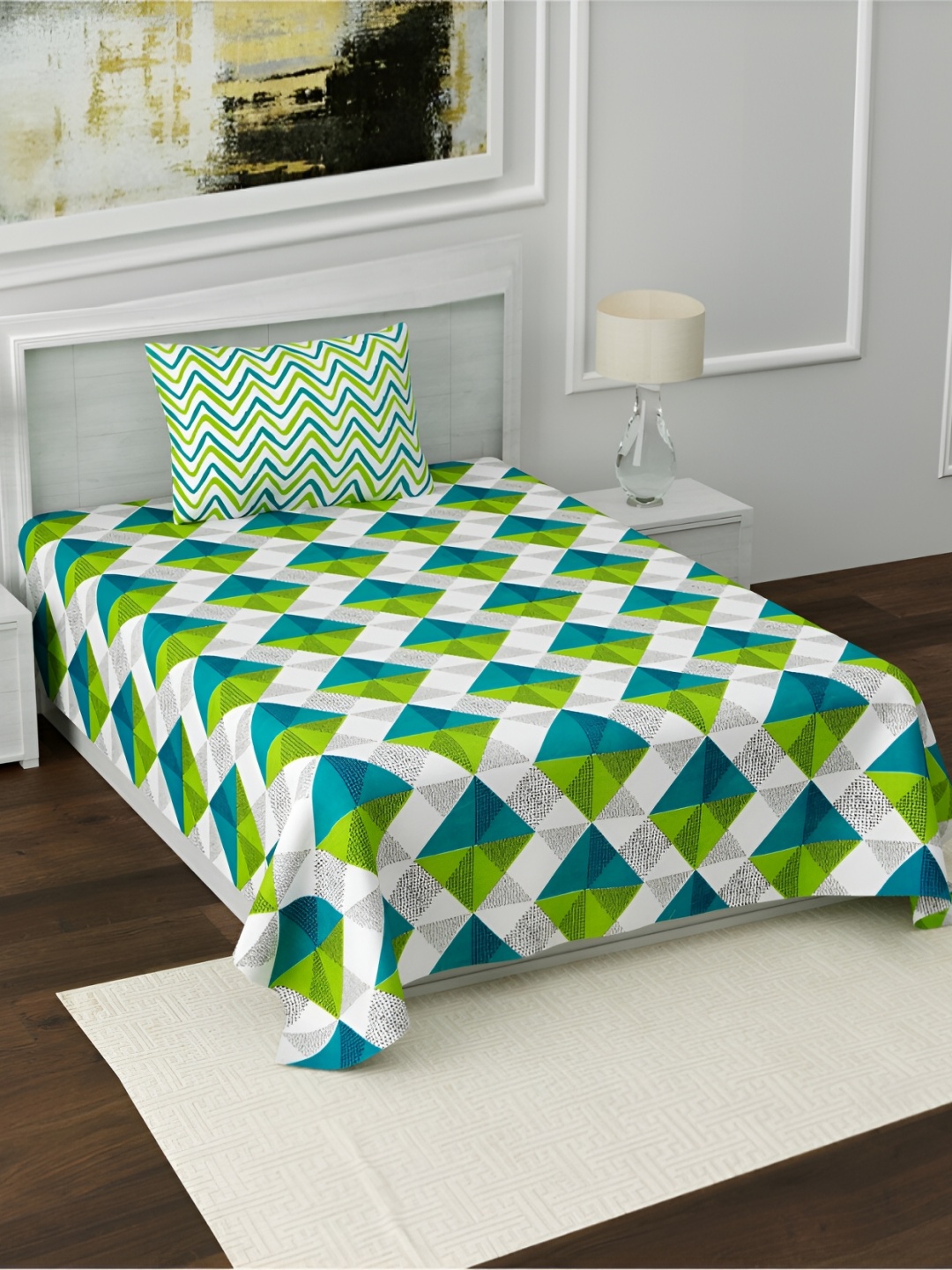 POORAK Green & White Geometric Printed Cotton 104 TC Single Bedsheet With 1 Pillow Cover
POORAK Green & White Geometric Printed Cotton 104 TC Single Bedsheet With 1 Pillow Cover
