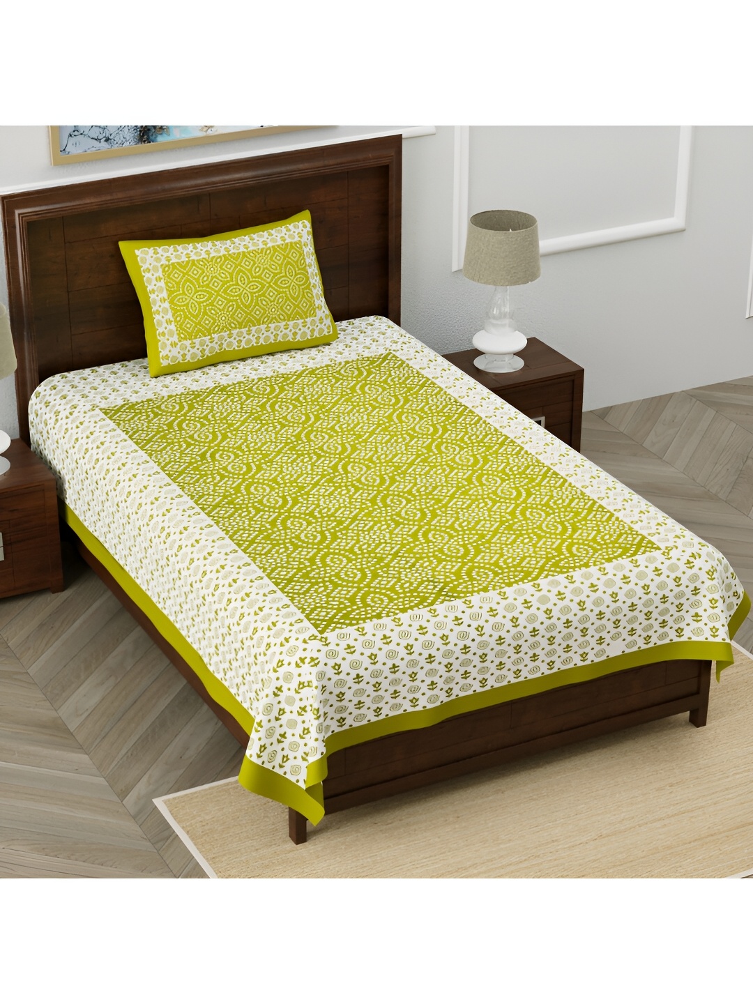 POORAK Green & White Ethnic Motifs Cotton 104 TC Single Bedsheet with 1 Pillow Covers
POORAK Green & White Ethnic Motifs Cotton 104 TC Single Bedsheet with 1 Pillow Covers
