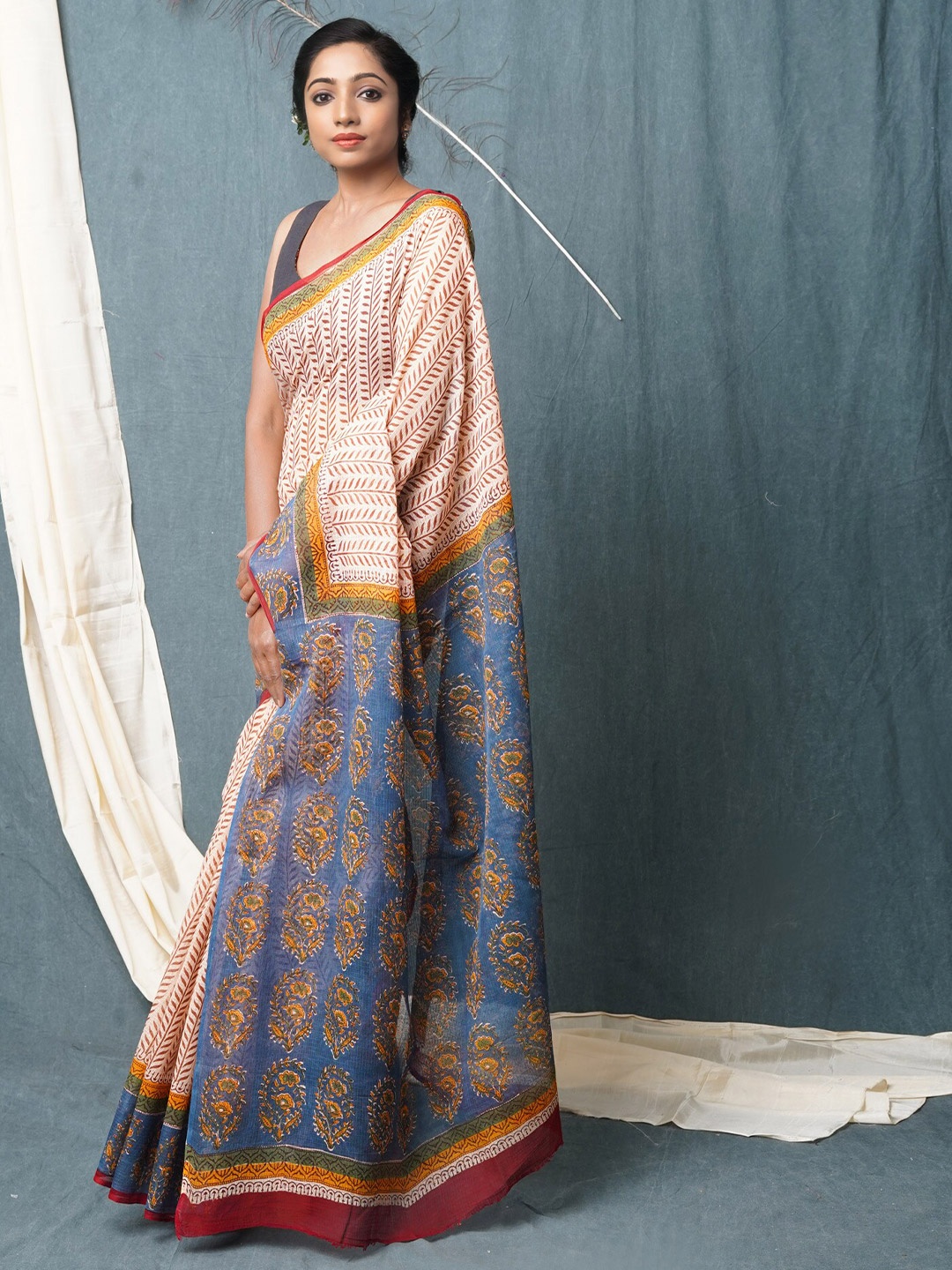 Unnati Silks Floral Printed Silk Cotton Kota Saree, Cream