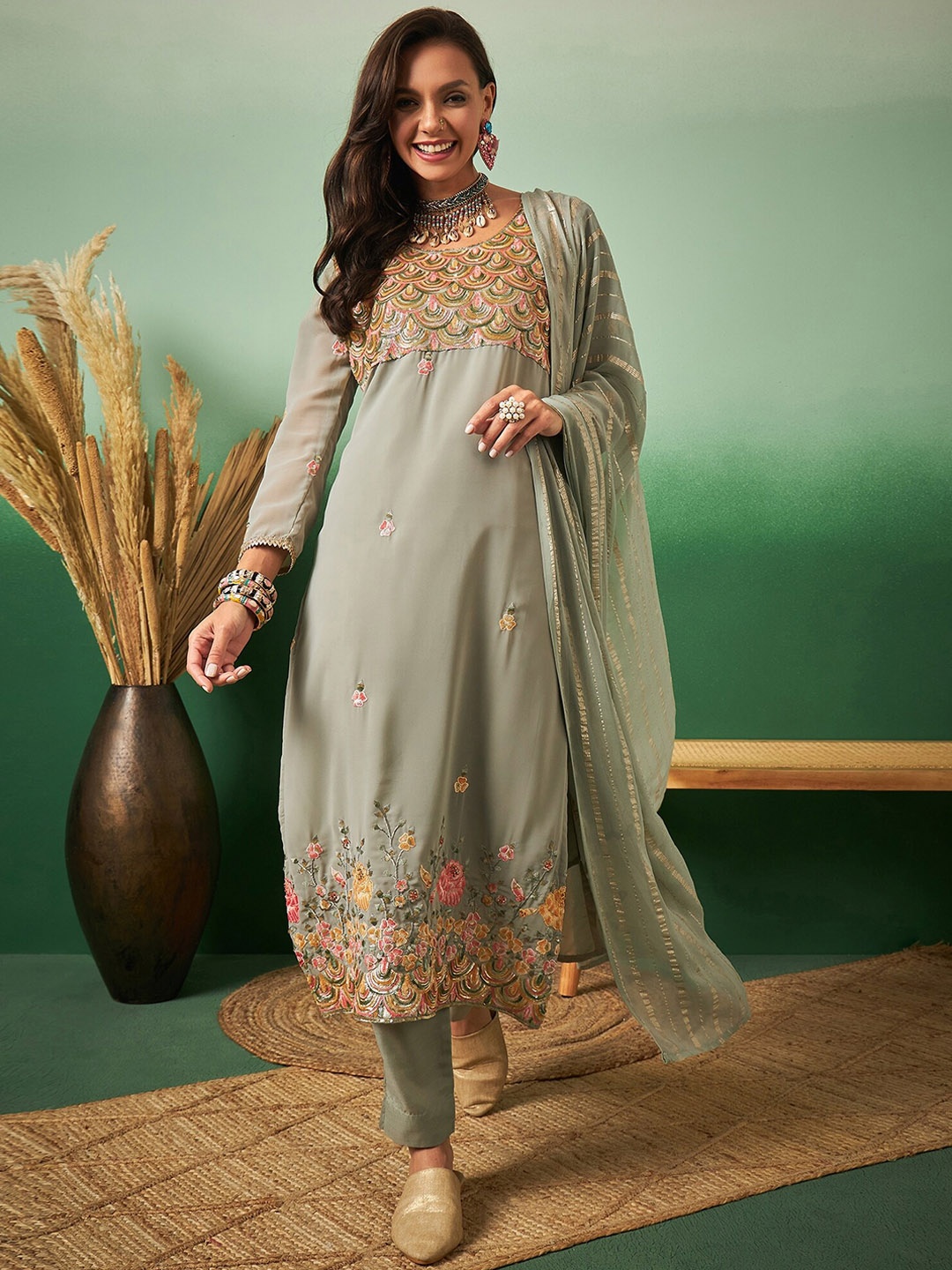 Sangria Embroidered Straight Kurta With Trouser & Dupatta Set, Green