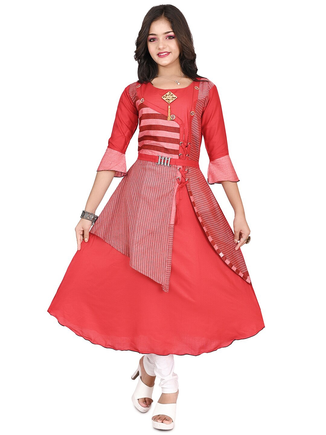 BAESD Girls Striped Cotton A-Line Kurta, Red
