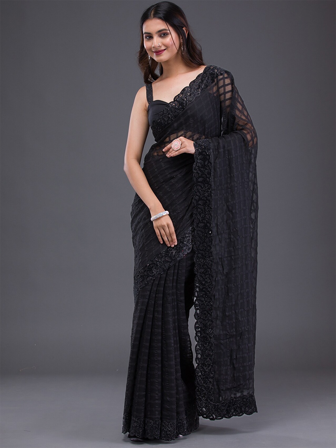 Koskii Geometric Embellished Beads & Stones Satin Saree, Black