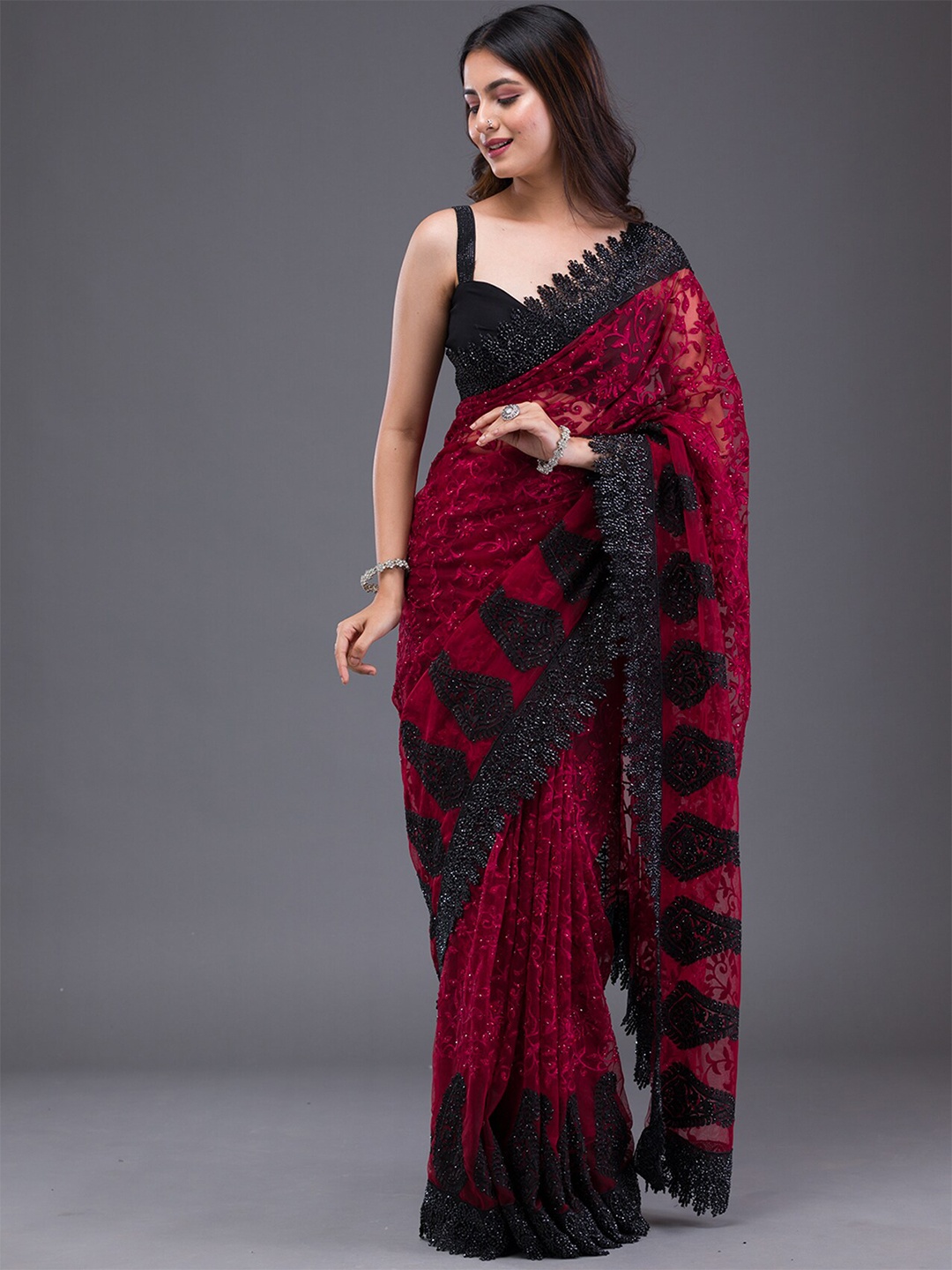 Koskii Embellished Beads and Stones Net Saree, Black