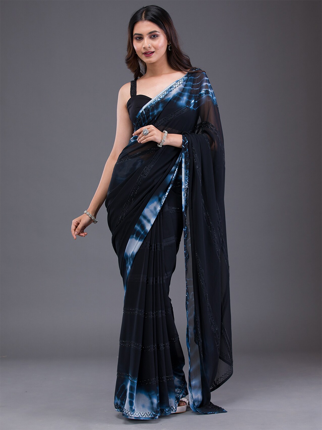 Koskii Embellished Beads and Stones Satin Saree, Black