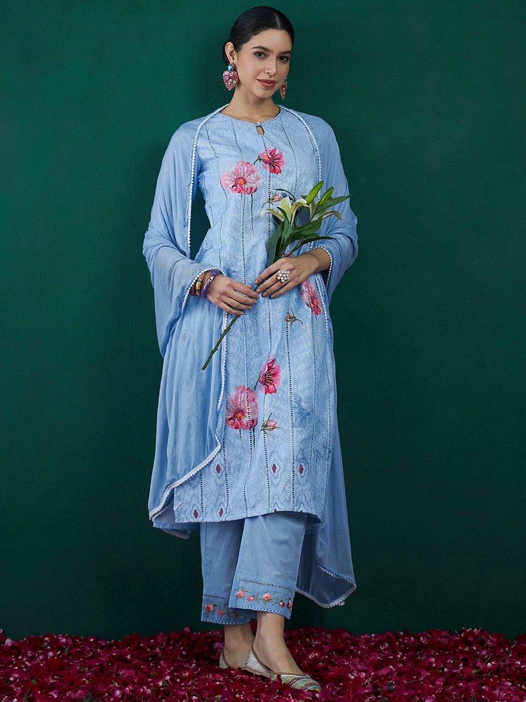 Indo Era Floral Printed Keyhole Neck Regular Thread Work Kurta With Trousers & Dupatta, Blue
Indo Era Floral Printed Keyhole Neck Regular Thread Work Kurta With Trousers & Dupatta, Blue