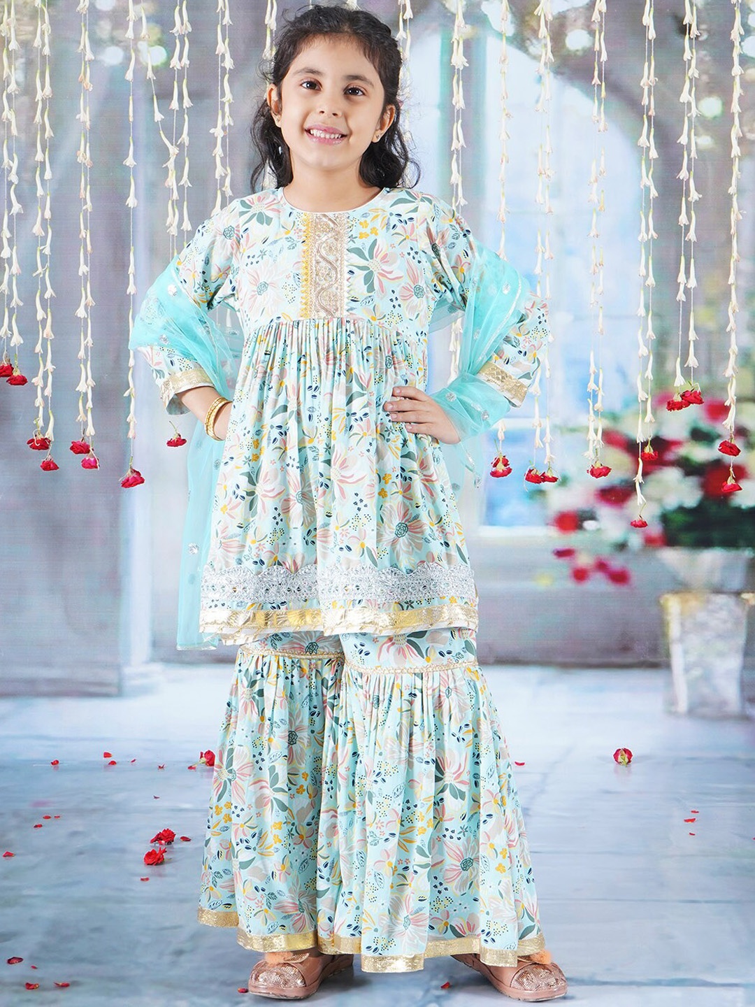 Little Bansi Girls Floral Printed Gotta Patti Pure Cotton Kurta with Sharara & Dupatta, Blue
Little Bansi Girls Floral Printed Gotta Patti Pure Cotton Kurta with Sharara & Dupatta, Blue