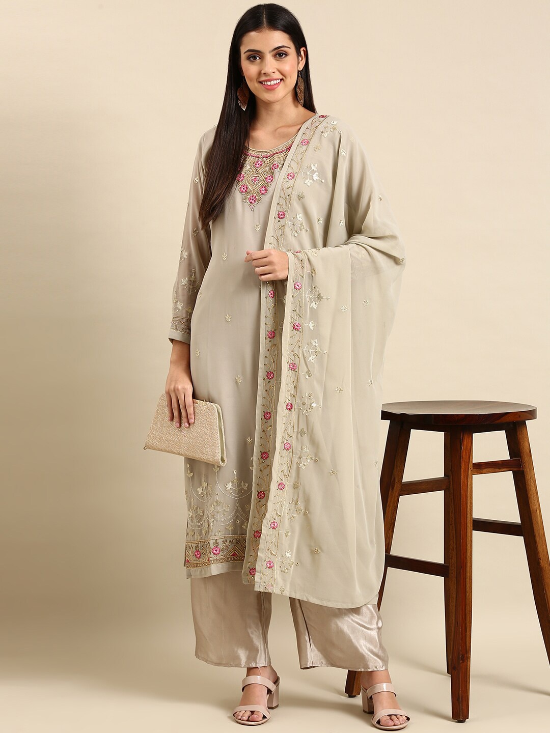 KALINI Floral Embroidered Thread Work Silk Georgette Kurta With Trousers & Dupatta, Grey
KALINI Floral Embroidered Thread Work Silk Georgette Kurta With Trousers & Dupatta, Grey