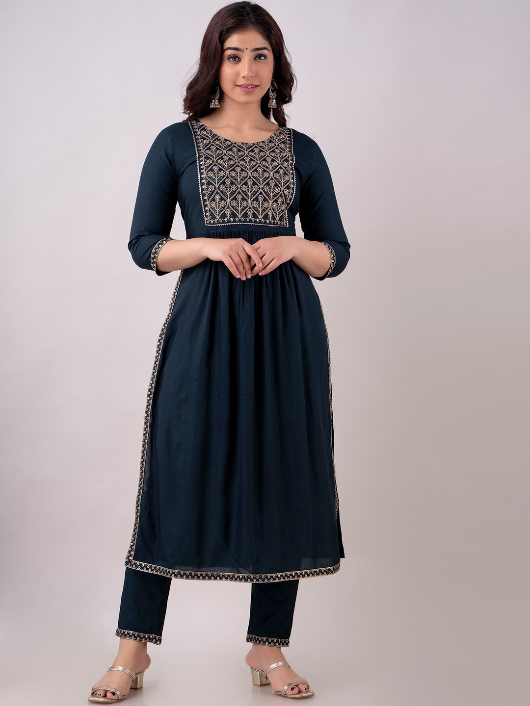 KALINI Ethnic Motifs Yoke Design Thread Work Straight Kurta with Trousers & Dupatta, Teal
KALINI Ethnic Motifs Yoke Design Thread Work Straight Kurta with Trousers & Dupatta, Teal