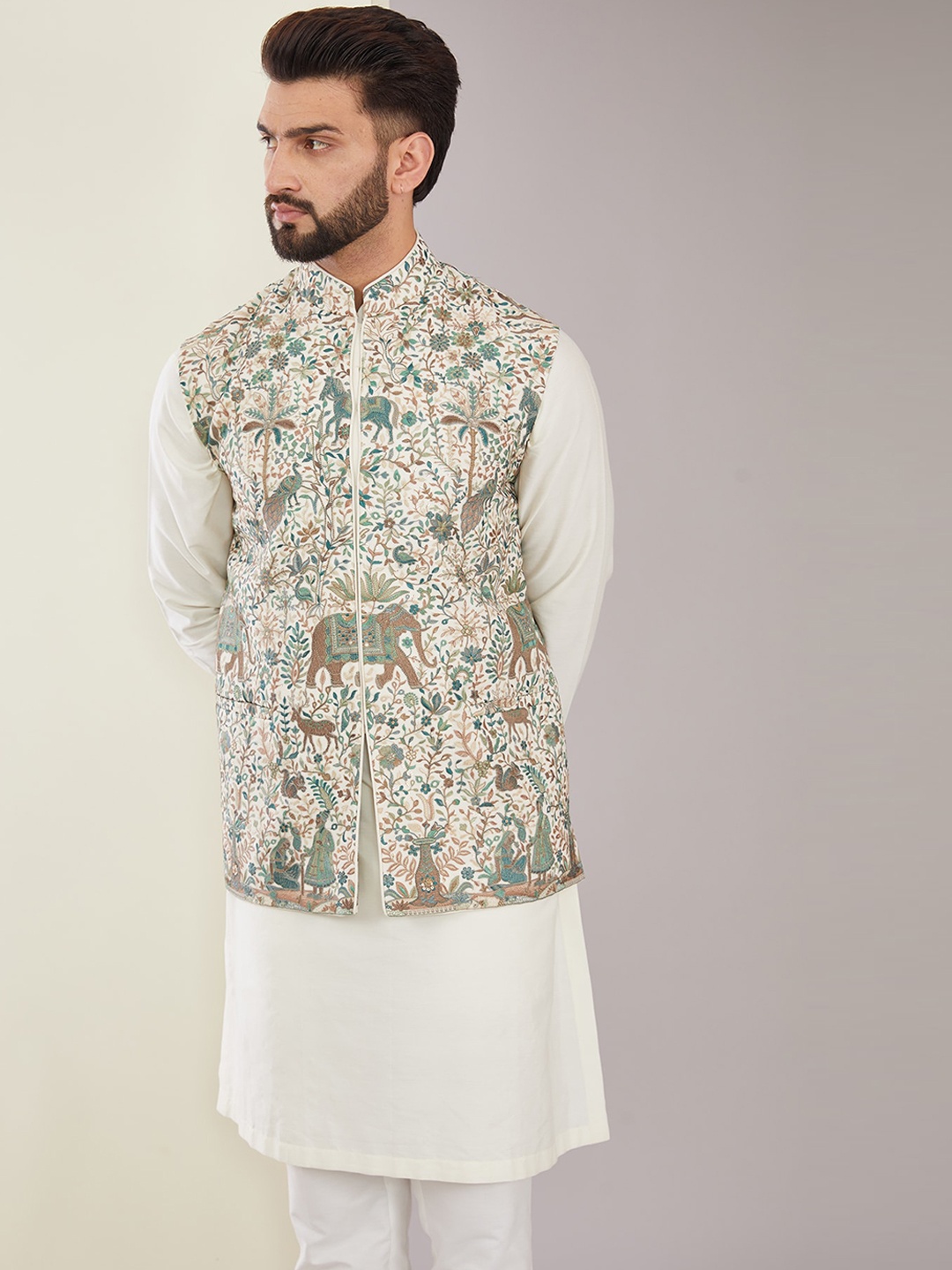KASBAH CLOTHING NISHCHAIY SAJDEH Floral Embroidered Mandarin Collar Nehru Jacket, White
KASBAH CLOTHING NISHCHAIY SAJDEH Floral Embroidered Mandarin Collar Nehru Jacket, White
