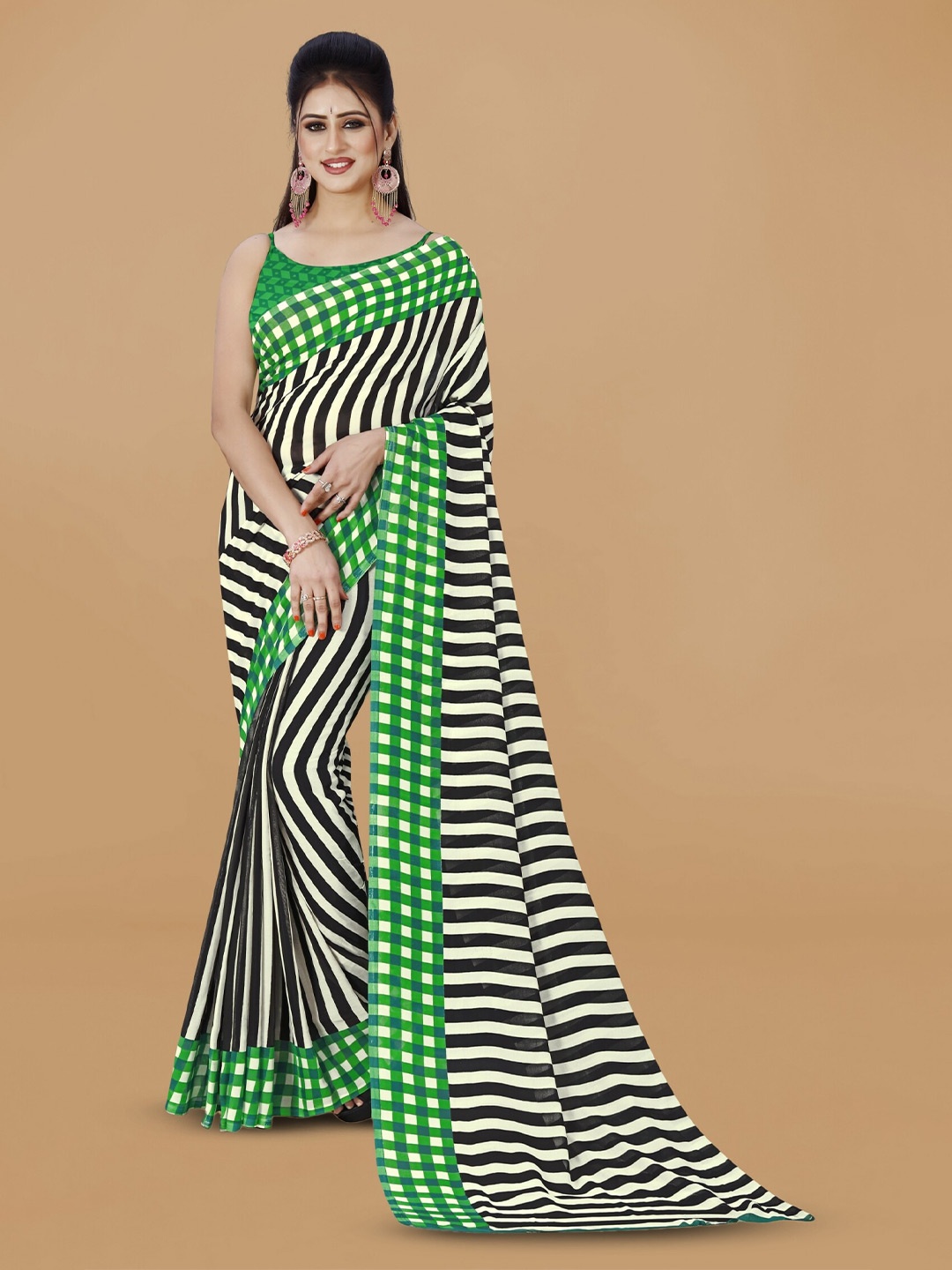 ANAND SAREES Striped Printed Saree, Green