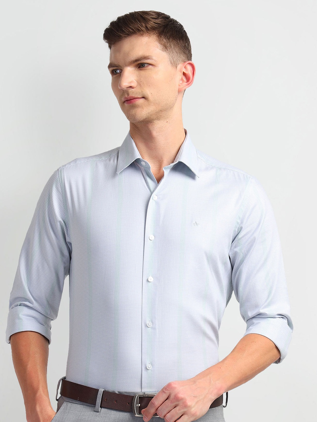 

Arrow New York Slim Fit Micro Checks Spread Collar Long Sleeves Cotton Formal Shirt, Grey