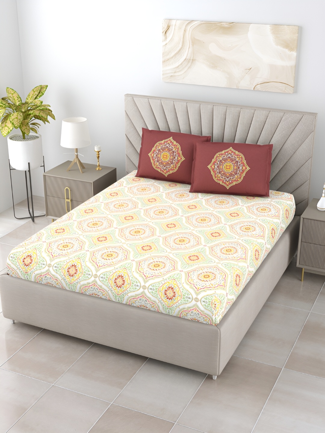 Salona Bichona Yellow & Cream Floral Cotton 300 TC King Bedsheet With 2 Pillow Covers
Salona Bichona Yellow & Cream Floral Cotton 300 TC King Bedsheet With 2 Pillow Covers