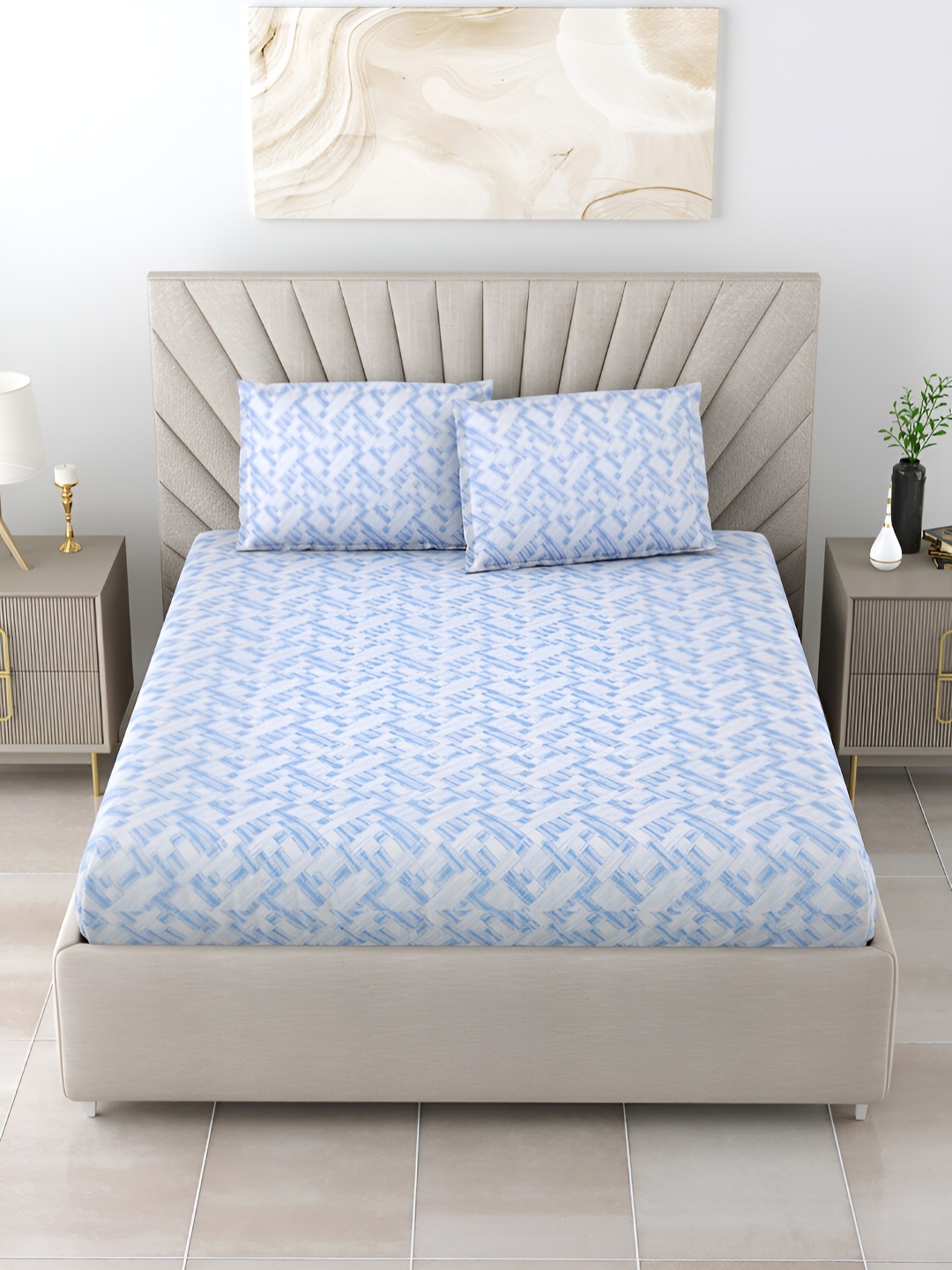 Salona Bichona Turquoise Blue & White 152 TC Abstract Printed King Bedsheet Set