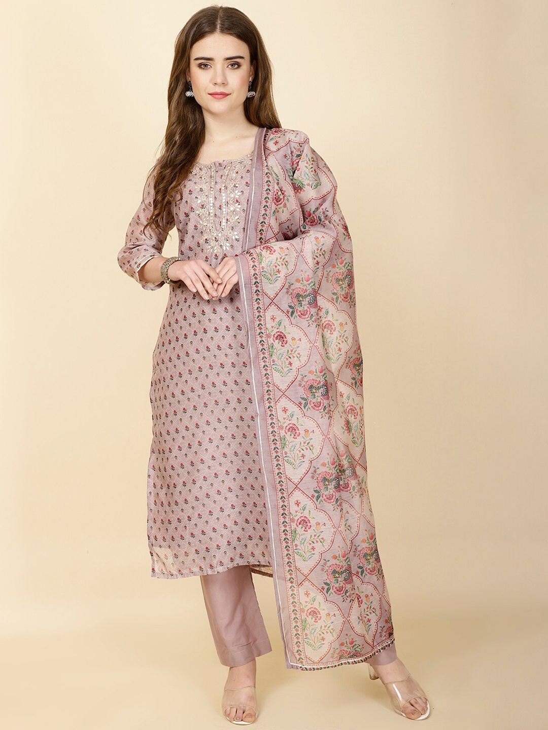 Meena Bazaar Women Ethnic Motifs Printed Chanderi Sequinned Kurta with Trousers & Dupatta, Pink
Meena Bazaar Women Ethnic Motifs Printed Chanderi Sequinned Kurta with Trousers & Dupatta, Pink