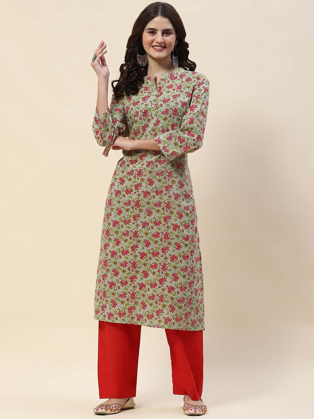 Meena Bazaar Floral Printed Mandarin Collar Three-Quarter Sleeves Kurta with Trousers, Green
Meena Bazaar Floral Printed Mandarin Collar Three-Quarter Sleeves Kurta with Trousers, Green