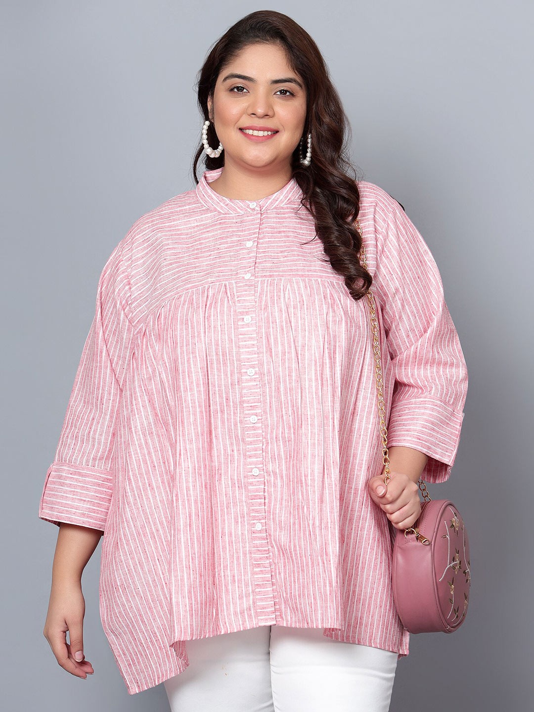 Indietoga Plus Size Striped Mandarin Collar Roll-Up Sleeves Cotton Longline A-Line Top, Pink
Indietoga Plus Size Striped Mandarin Collar Roll-Up Sleeves Cotton Longline A-Line Top, Pink