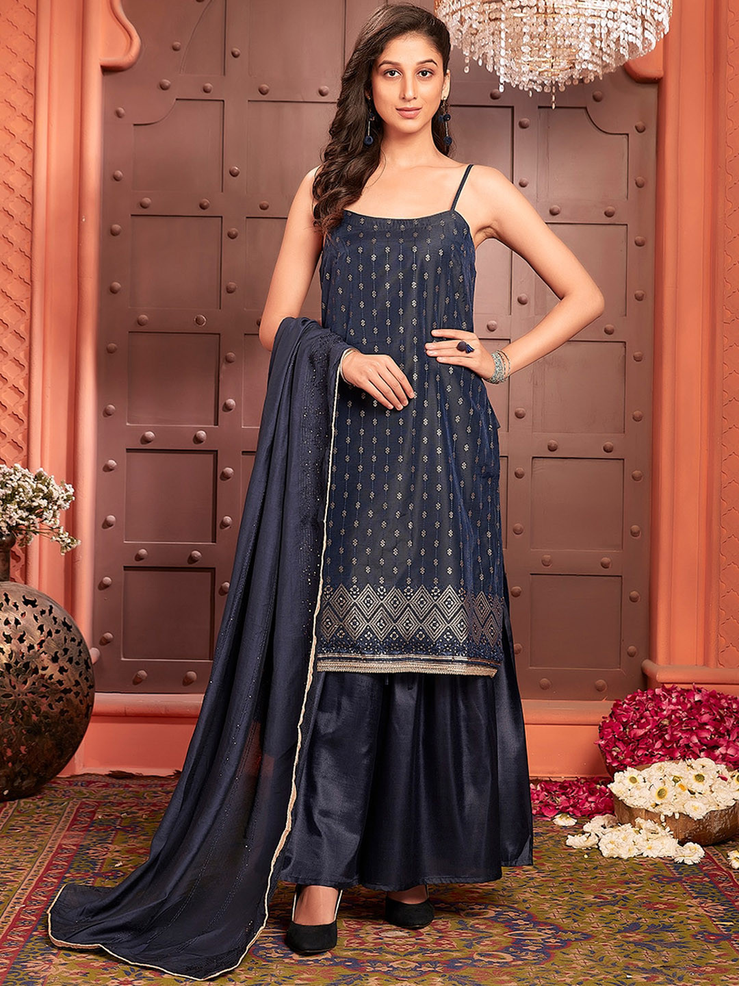Ishin Ethnic Motifs Printed Shoulder Straps Sleeveless Kurta With Sharara & Dupatta, Navy blue
Ishin Ethnic Motifs Printed Shoulder Straps Sleeveless Kurta With Sharara & Dupatta, Navy blue