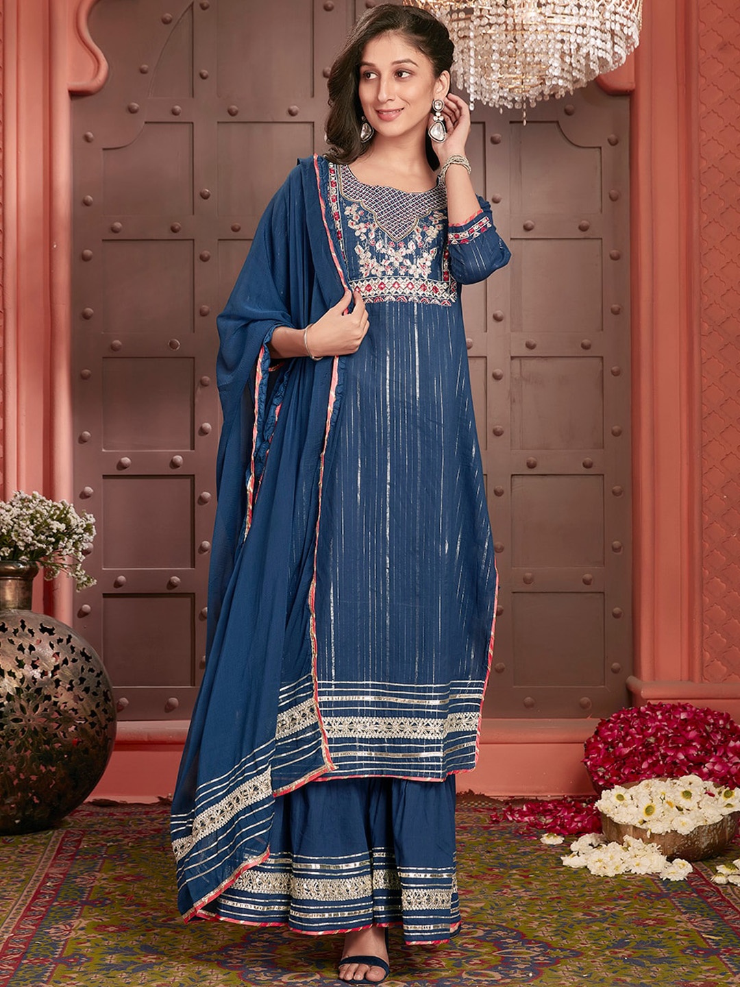 Ishin Floral Embroidered Mirror Work Pure Cotton Straight Kurta With Trousers & Dupatta, Teal
Ishin Floral Embroidered Mirror Work Pure Cotton Straight Kurta With Trousers & Dupatta, Teal