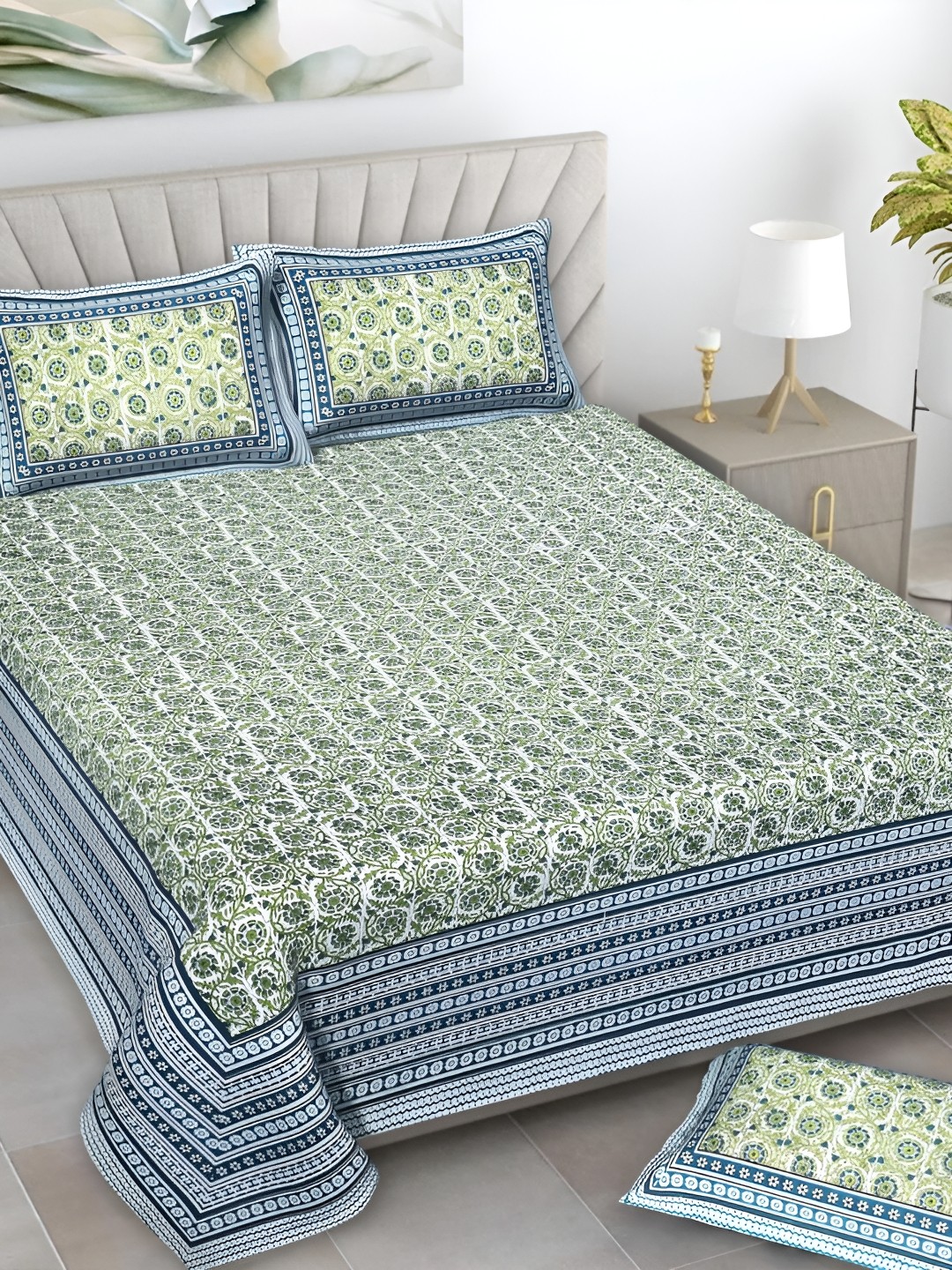 Serene Decor Green & White Ethnic Motifs Cotton 160 TC King Bedsheet With 2 Pillow Covers
Serene Decor Green & White Ethnic Motifs Cotton 160 TC King Bedsheet With 2 Pillow Covers