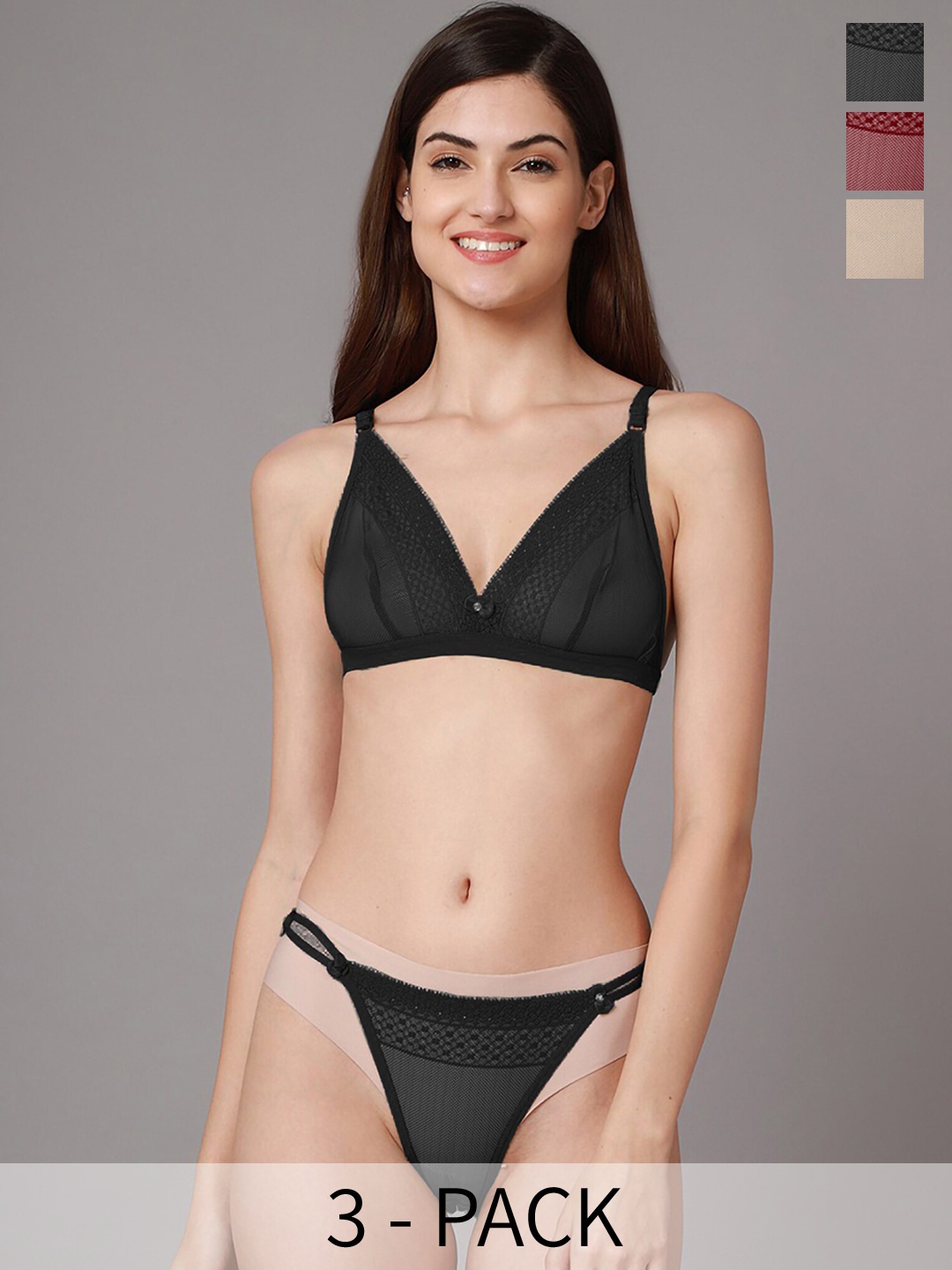 In-Curve Pack Of 3 Cotton Brief Lingerie Set E_Baby Set_Black,Maroon,Brown