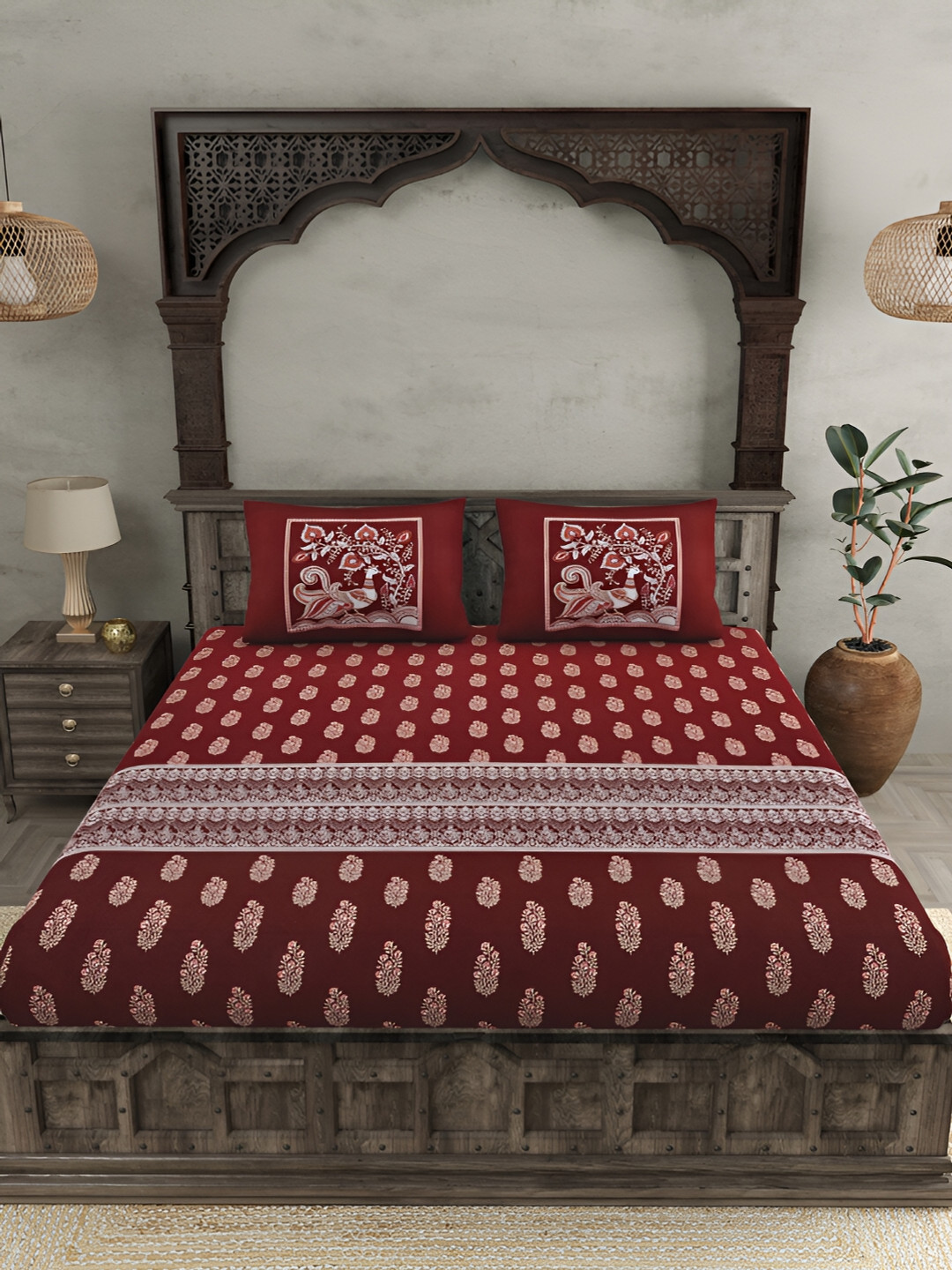 JAIPUR FABRIC Red & White Ethnic Motifs Cotton 300 TC King Bedsheet with 2 Pillow Covers 
JAIPUR FABRIC Red & White Ethnic Motifs Cotton 300 TC King Bedsheet with 2 Pillow Covers