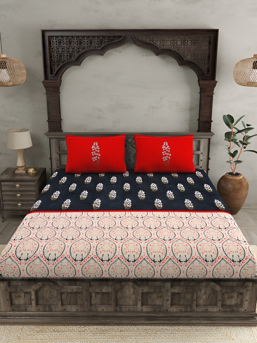 JAIPUR FABRIC Beige & Blue Ethnic Motifs Cotton 300 TC King Bedsheet with 2 Pillow Covers
JAIPUR FABRIC Beige & Blue Ethnic Motifs Cotton 300 TC King Bedsheet with 2 Pillow Covers