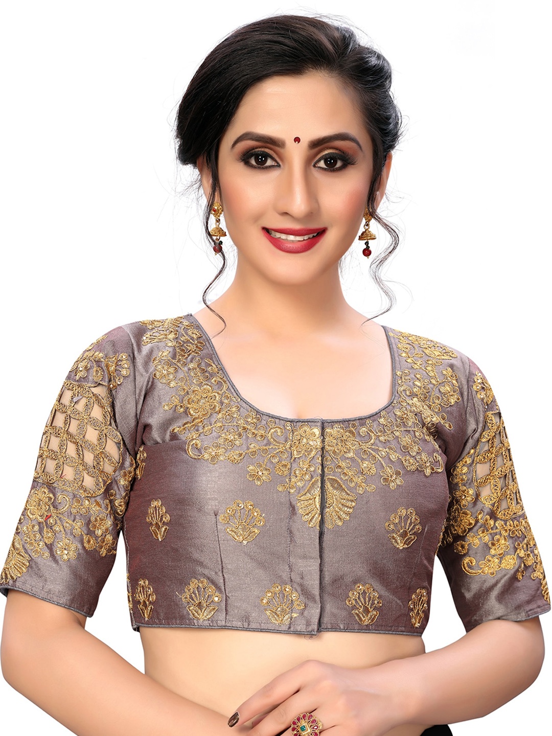 Mitera Embroidered Round Neck Saree Blouse, Grey