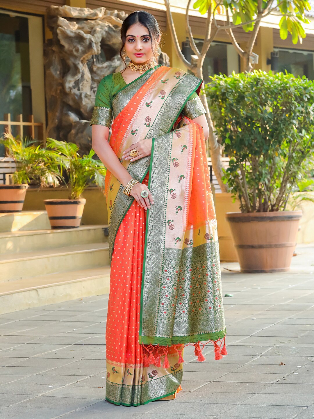 KARAGIRI Floral Printed Zari Banarasi Saree, Orange