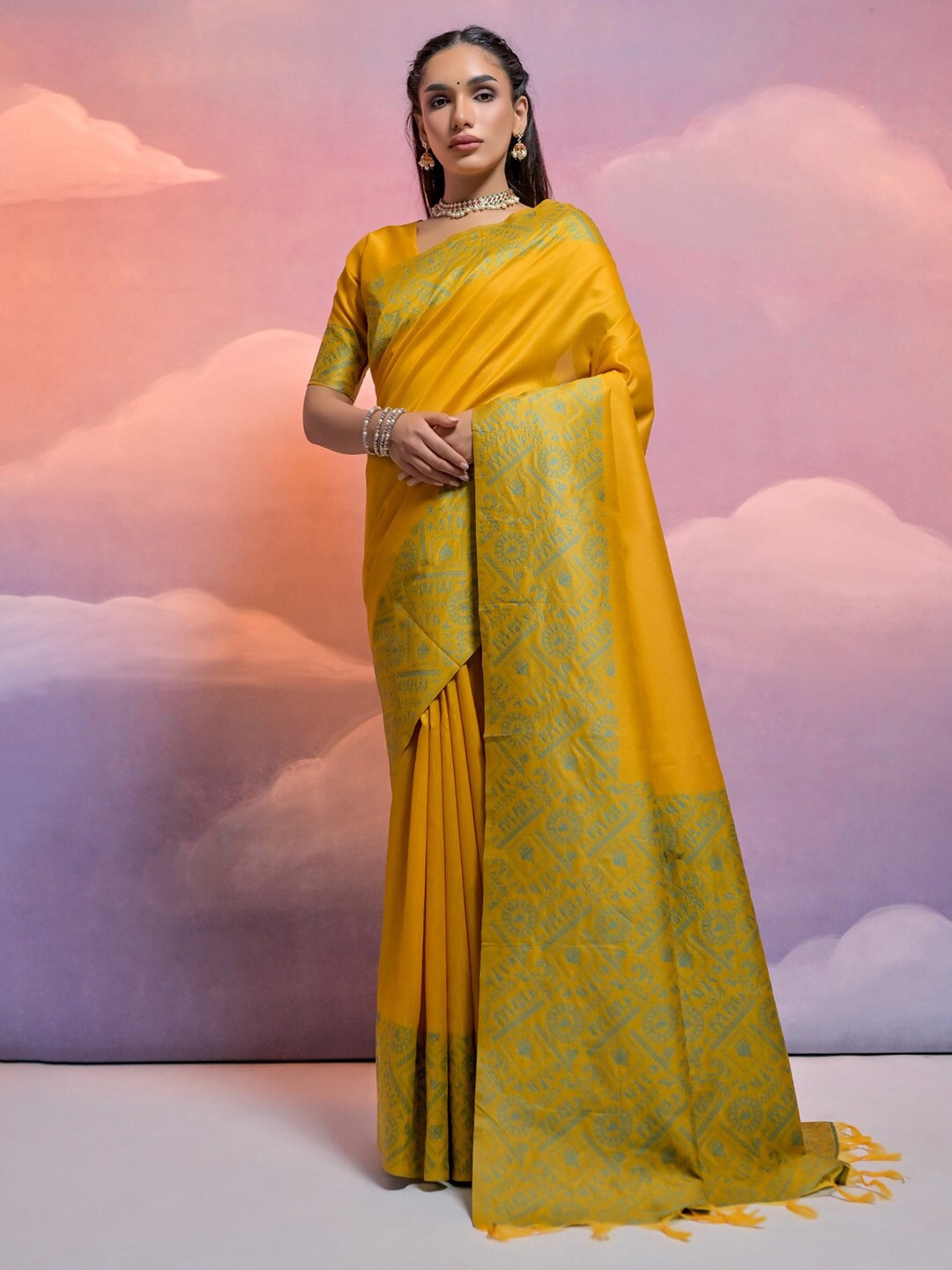 KARAGIRI Abstract Woven Design Zari Saree, Yellow