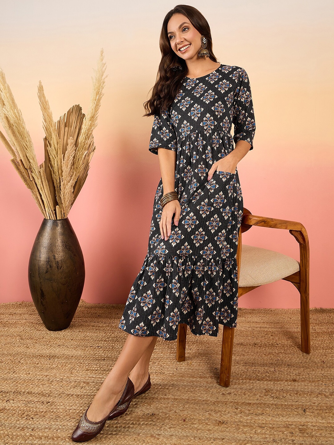 Sangria Ethnic Motif Kantha Boota Printed Flounce Cotton A-Line Ethnic Dresses, Black
Sangria Ethnic Motif Kantha Boota Printed Flounce Cotton A-Line Ethnic Dresses, Black