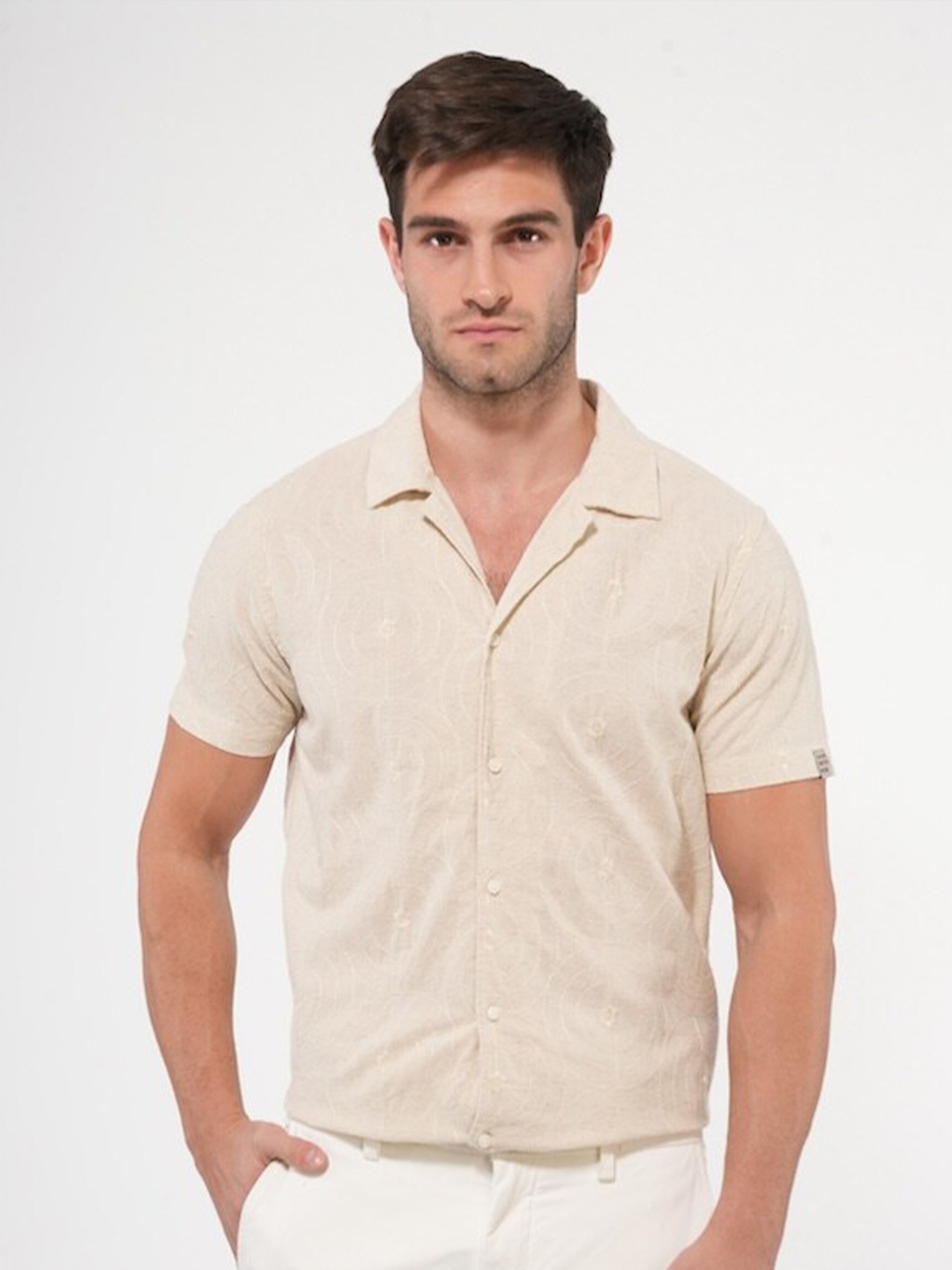 POE Smart Slim Fit Geometric Embroidered Cuban Collar Linen Cotton Casual Shirt, Beige
POE Smart Slim Fit Geometric Embroidered Cuban Collar Linen Cotton Casual Shirt, Beige