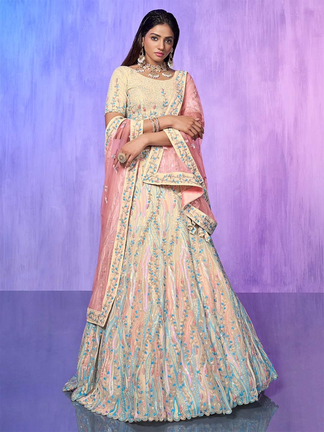 ODETTE Embroidered Sequinned Semi-Stitched Lehenga & Blouse With Dupatta, Off white
ODETTE Embroidered Sequinned Semi-Stitched Lehenga & Blouse With Dupatta, Off white