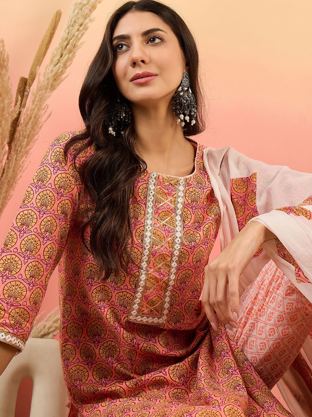 Sangria Ethnic Printed Mirror Work Gotta Patti Pure Cotton Kurta with Trousers & Dupatta, Peach
Sangria Ethnic Printed Mirror Work Gotta Patti Pure Cotton Kurta with Trousers & Dupatta, Peach