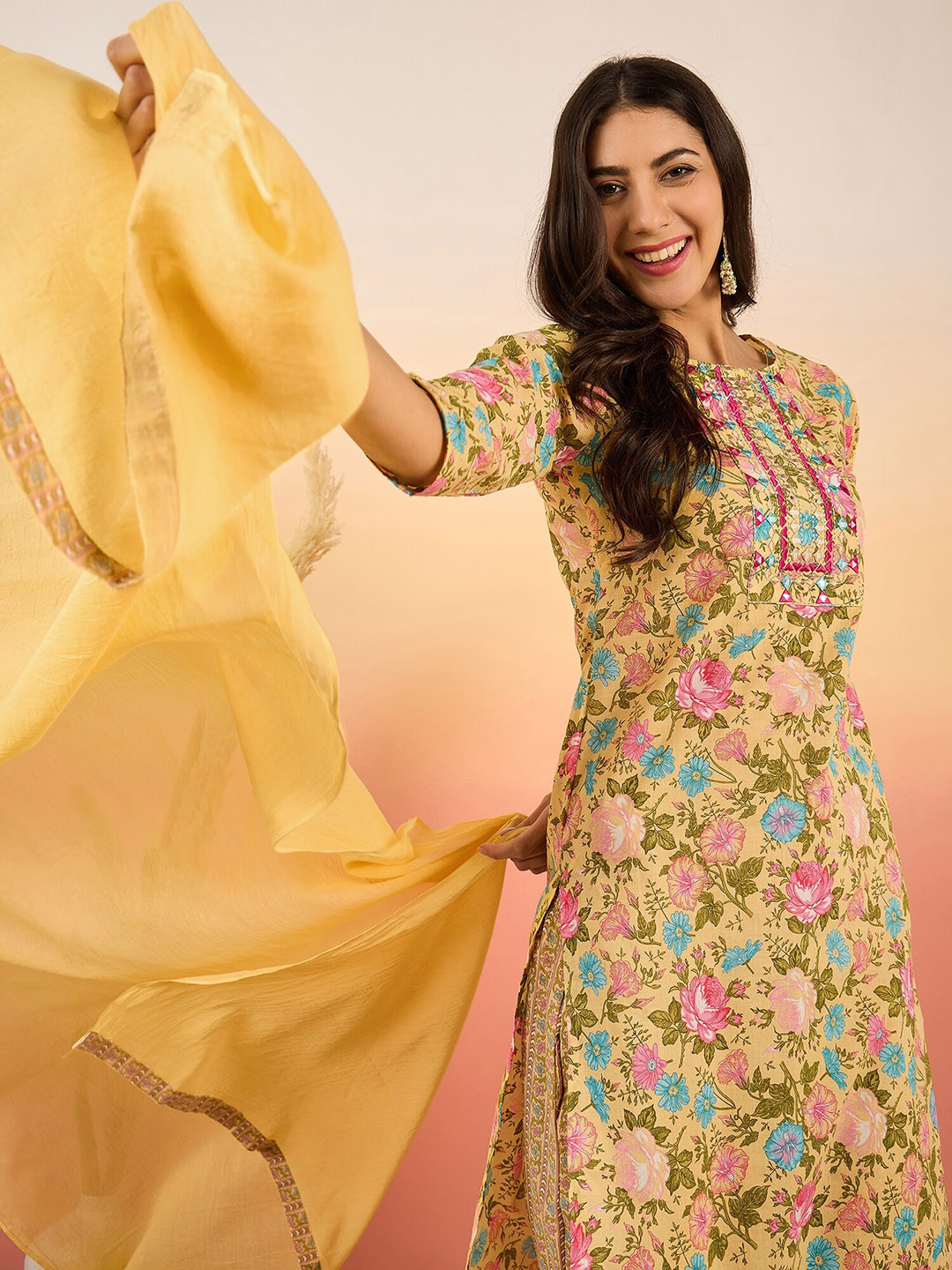 Sangria Floral Printed Mirror Work Pure Cotton Kurta with Trousers & Dupatta, Mustard
Sangria Floral Printed Mirror Work Pure Cotton Kurta with Trousers & Dupatta, Mustard