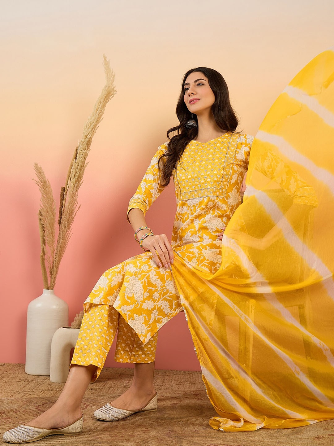 Sangria Floral Printed Thread Work Gotta Patti Pure Cotton Kurta with Palazzos & Dupatta, Yellow
Sangria Floral Printed Thread Work Gotta Patti Pure Cotton Kurta with Palazzos & Dupatta, Yellow