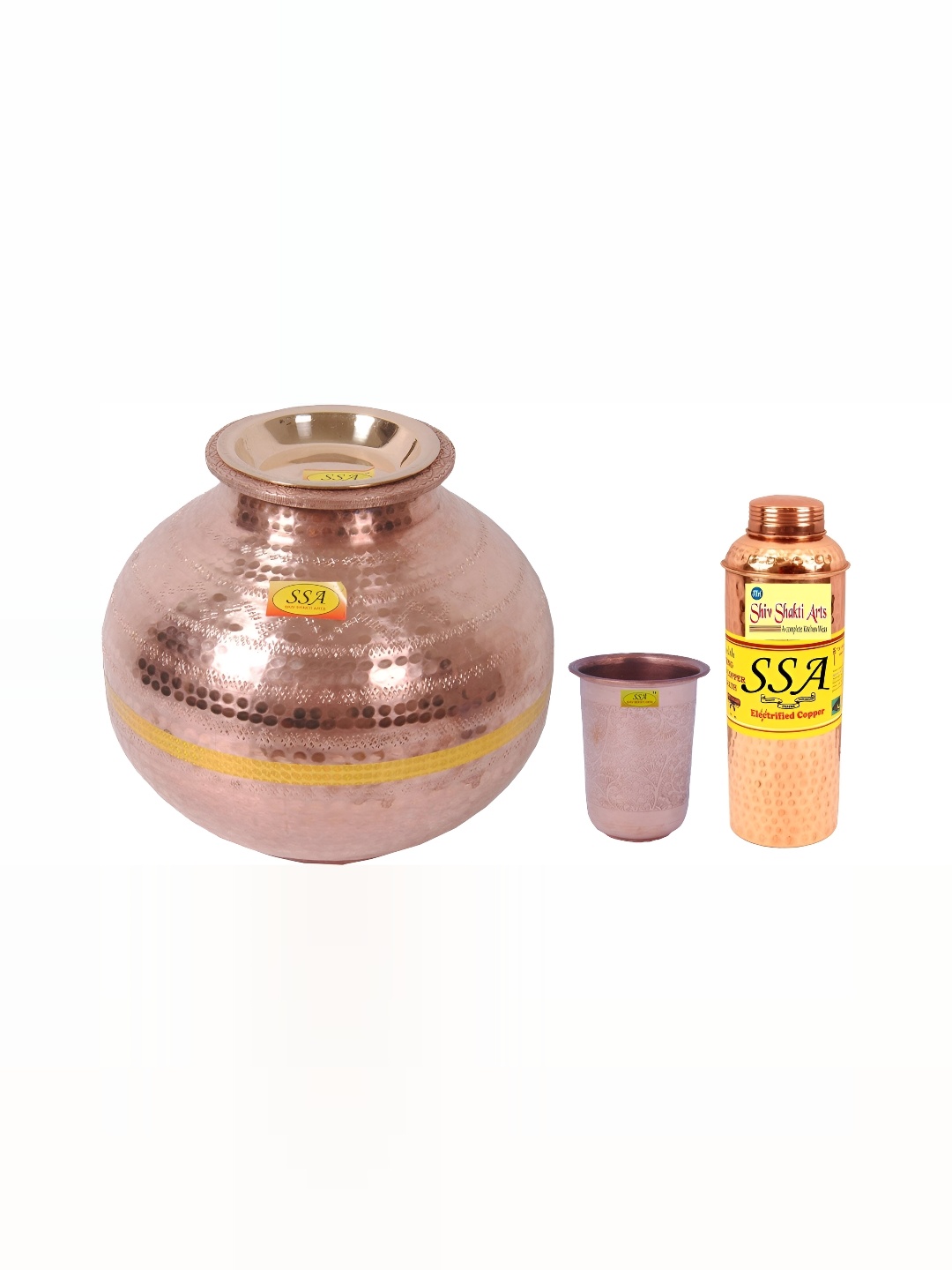 Shivshakti Arts Brown 3 Pieces Copper Water Pot with Water Bottle & Glass